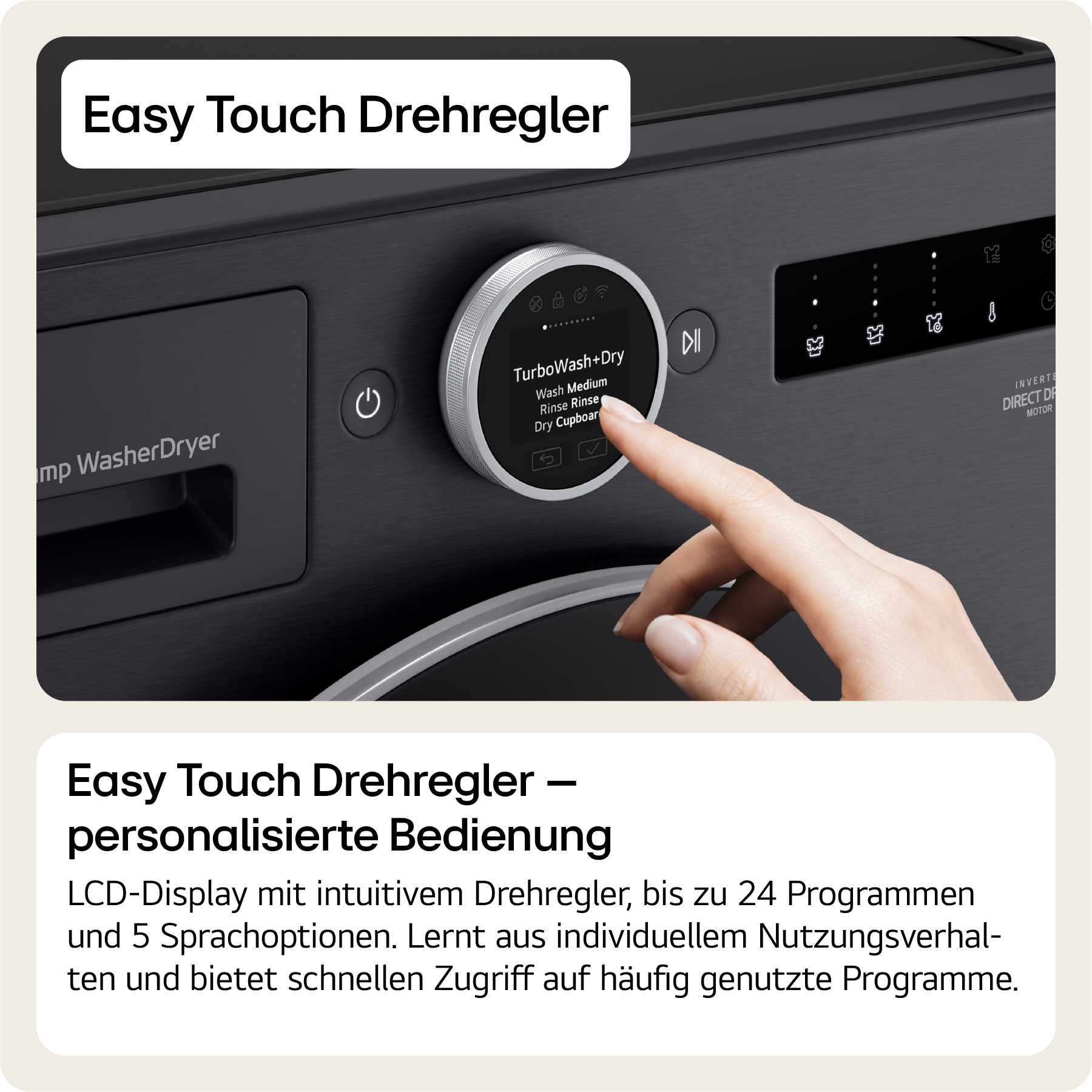 Eine Hand bedient einen Drehregler an einer Waschmaschine mit LCD-Display.