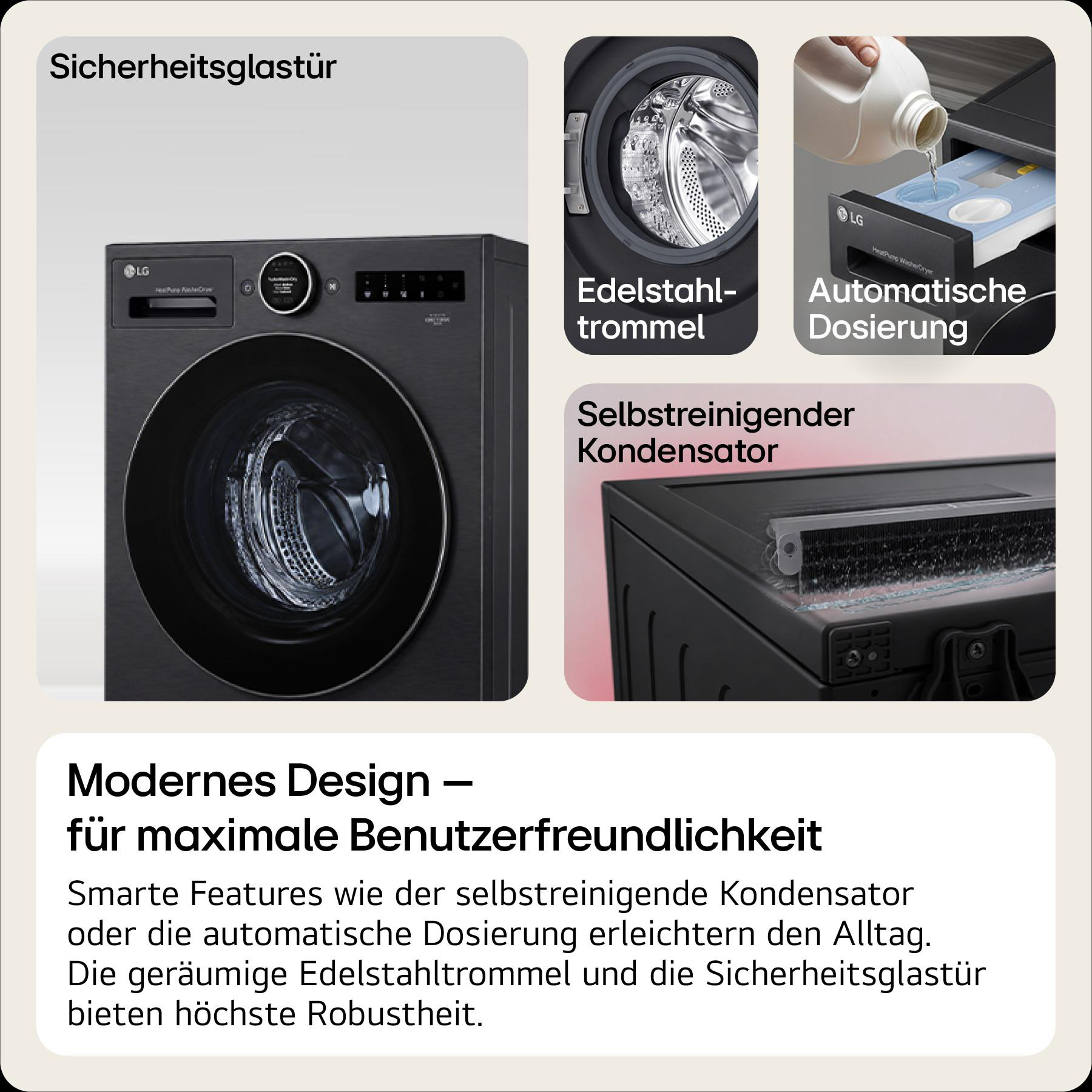 Eine LG Waschmaschine mit Edelstahltrommel, Glas Tür und automatischer Dosierung.