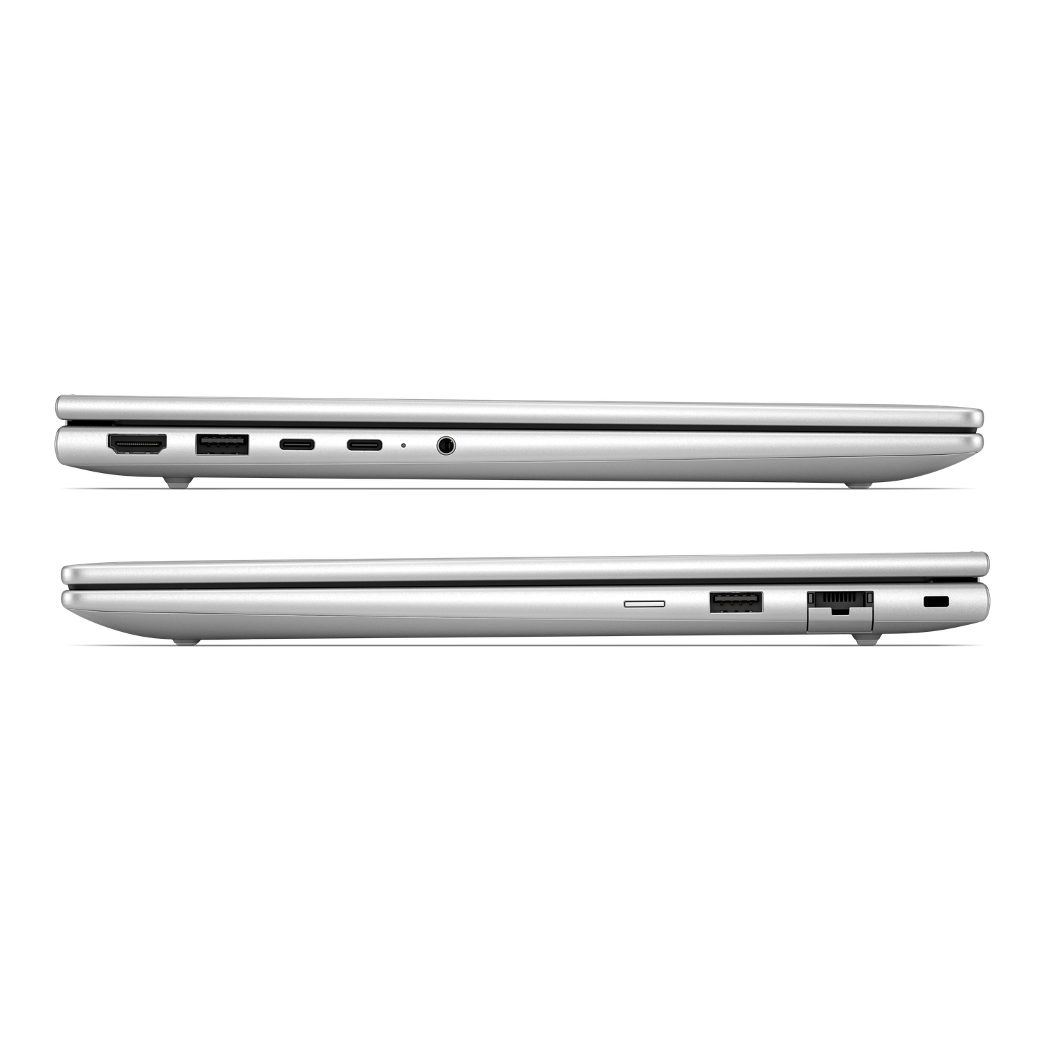 Zilveren laptop met HDMI, USB-C, koptelefoonaansluiting en andere poorten.
