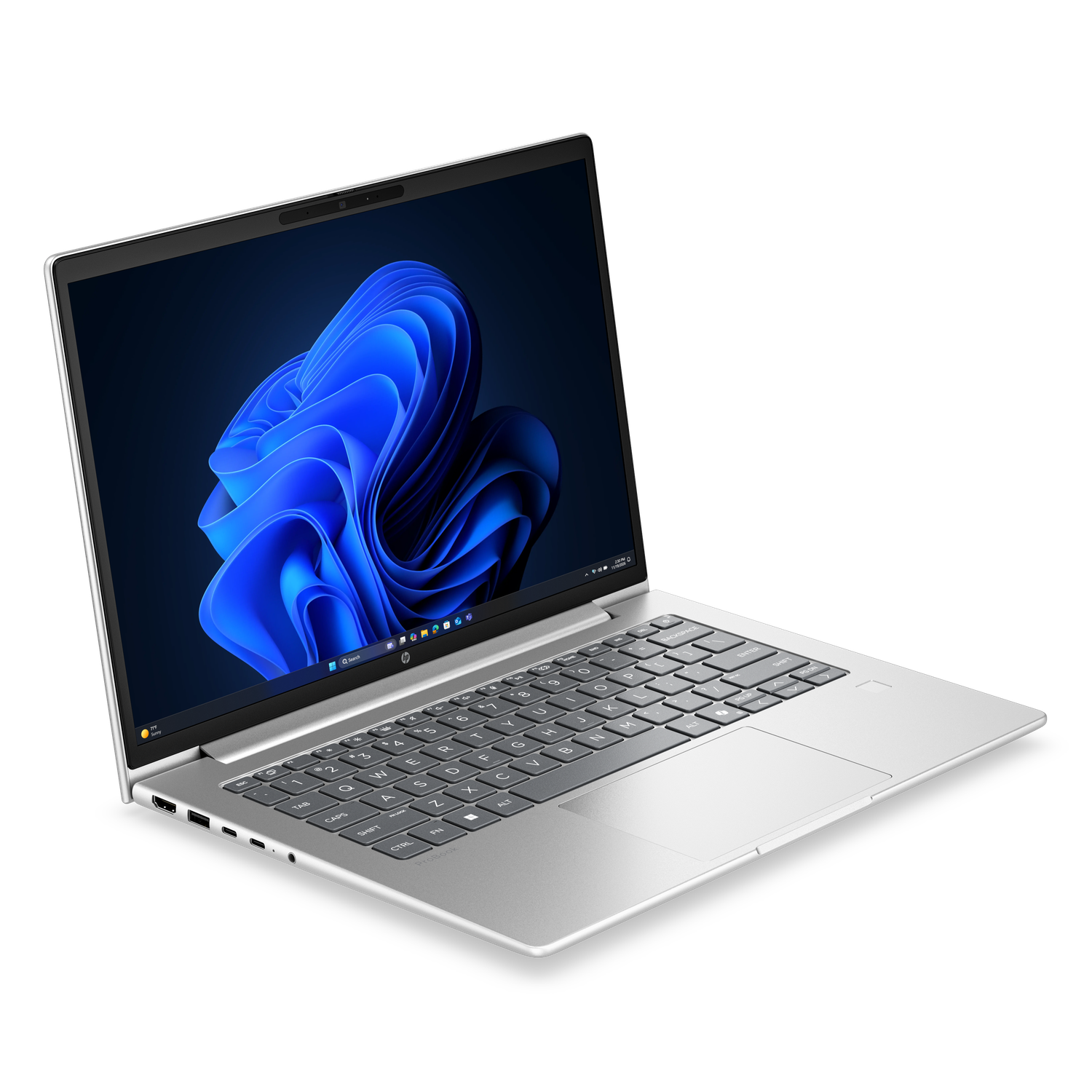 Een zilveren laptop met open scherm, met een blauw abstract behang.