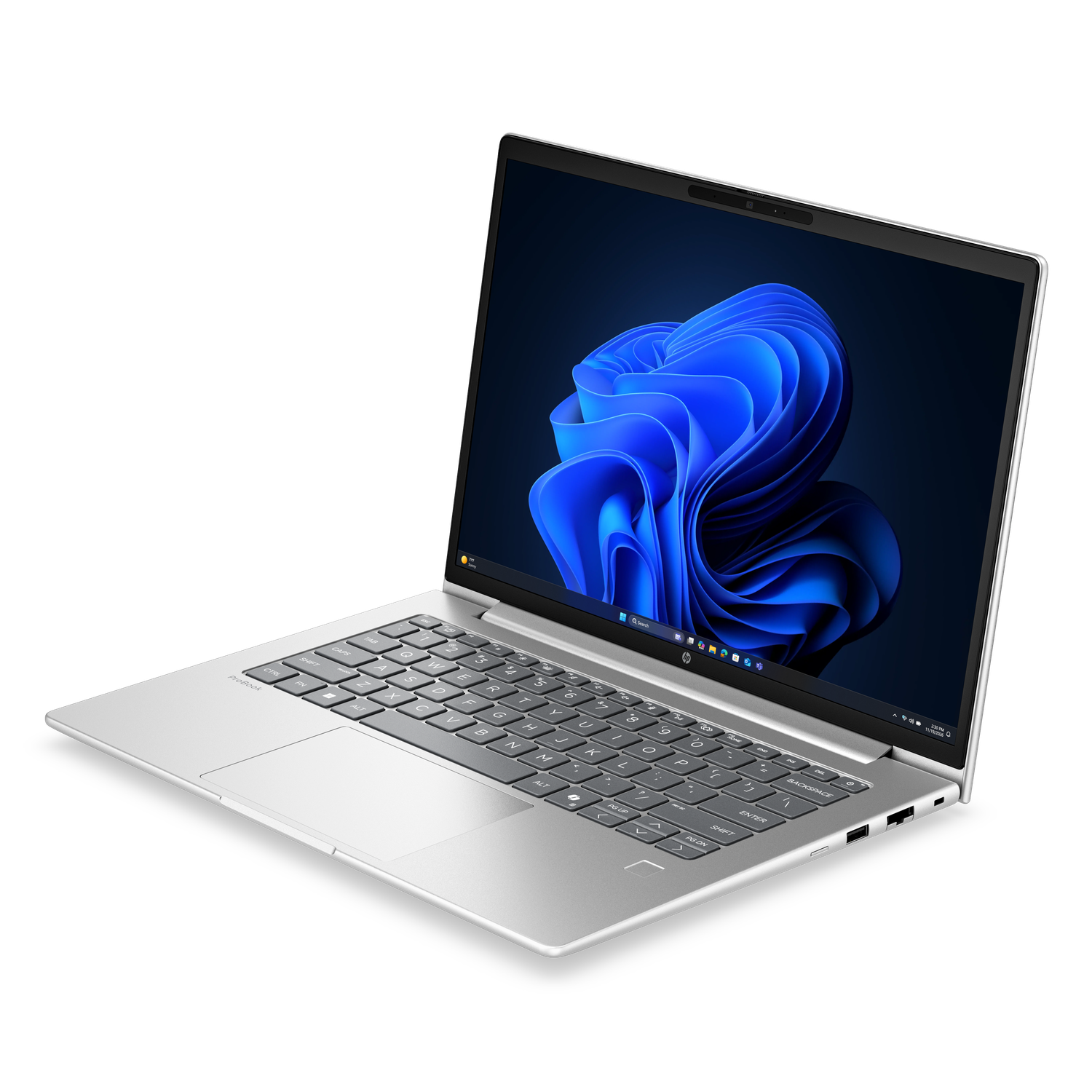 Een zilveren laptop met een blauw abstracte achtergrond op het scherm.