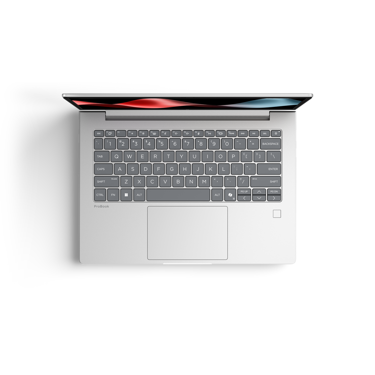 Een open zilveren laptop van bovenaf gezien, met toetsenbord en scherm.