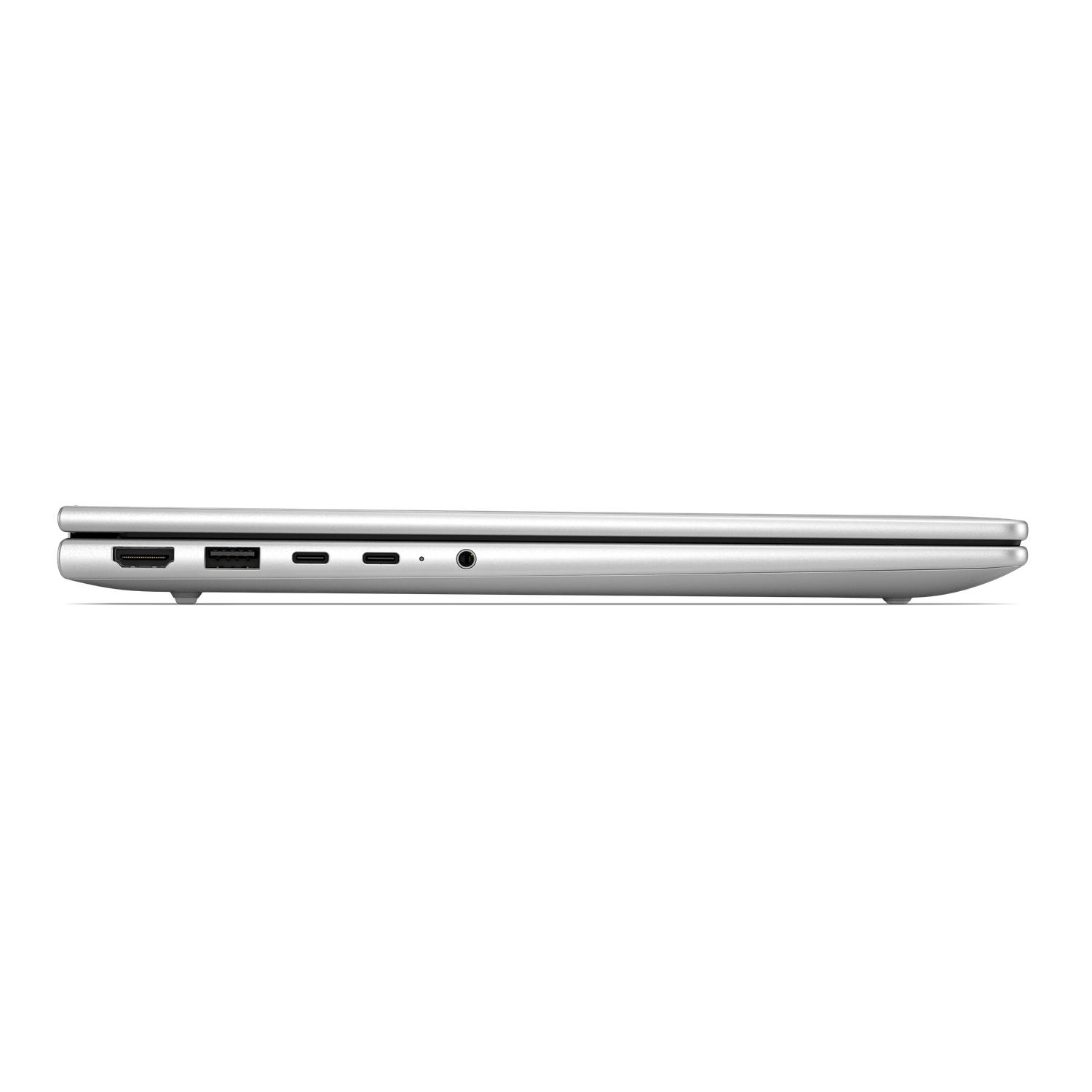 Zilveren laptop zijaanzicht met HDMI, USB-A, twee USB-C en koptelefoonaansluiting.