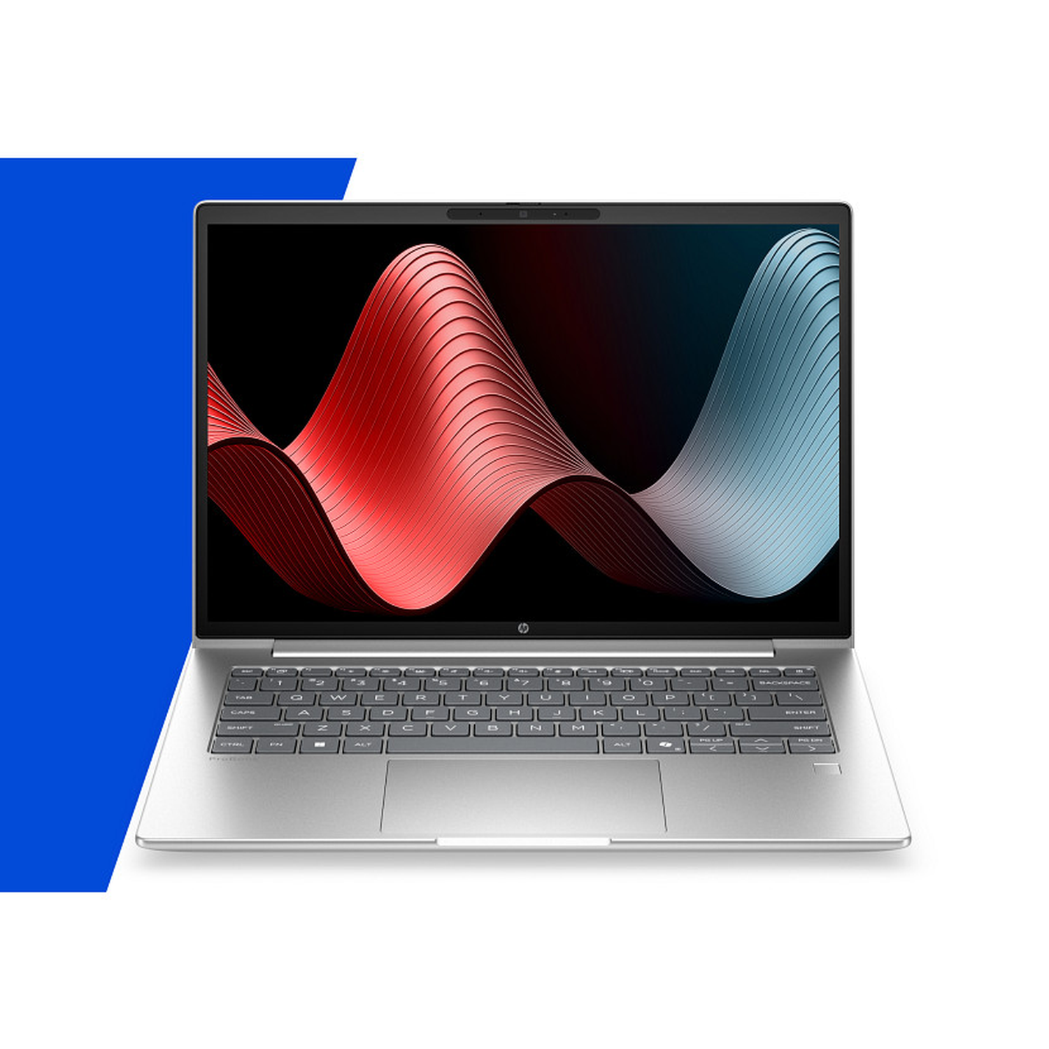 Een zilveren laptop met een rood en blauw abstract golvend patroon op het scherm.