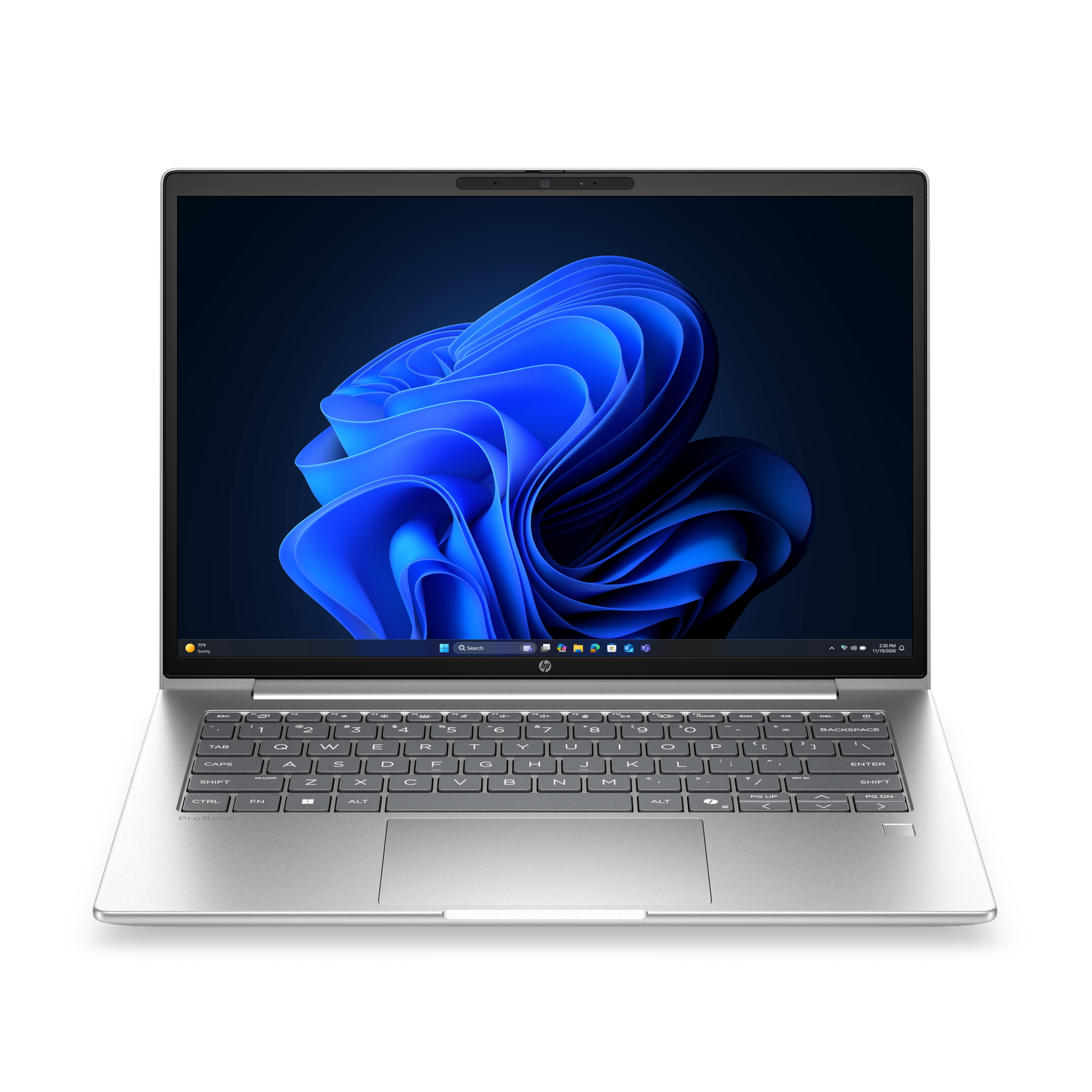 Een zilveren HP ProBook laptop is open, met een blauw abstract behang op het scherm.