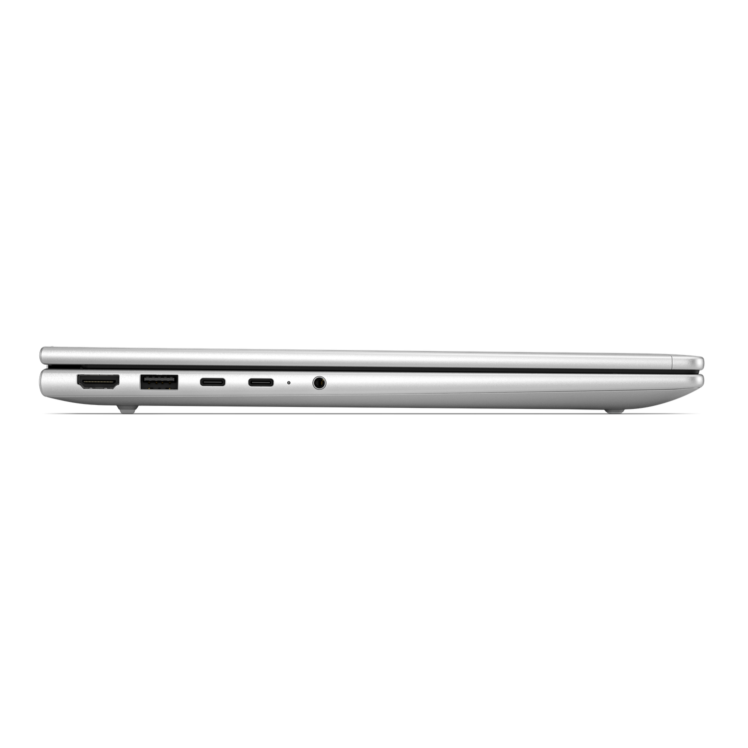 Zilveren laptop poorten: HDMI, USB, 2x USB-C, audio jack.
