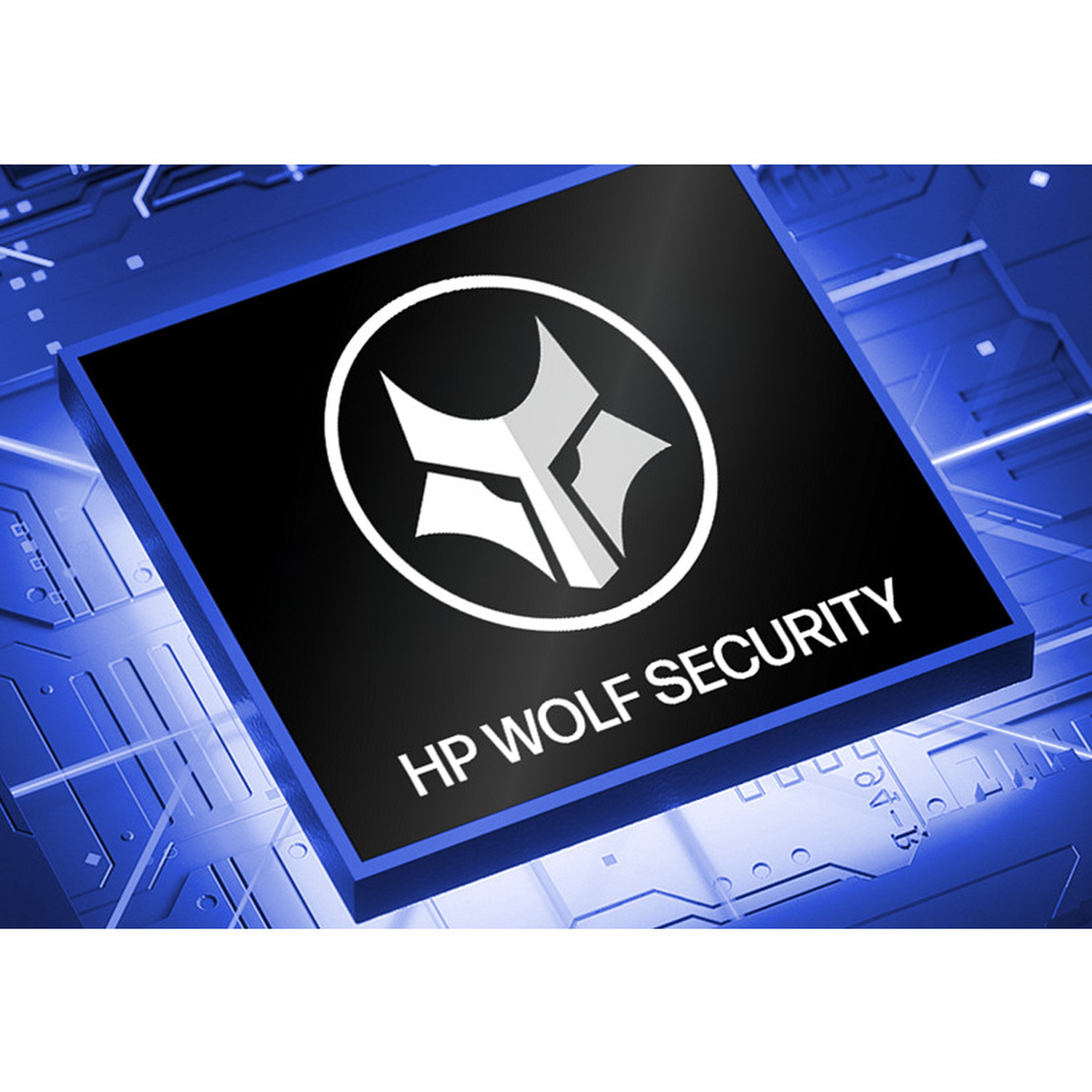 HP Wolf Security logo op blauwe printplaat achtergrond.