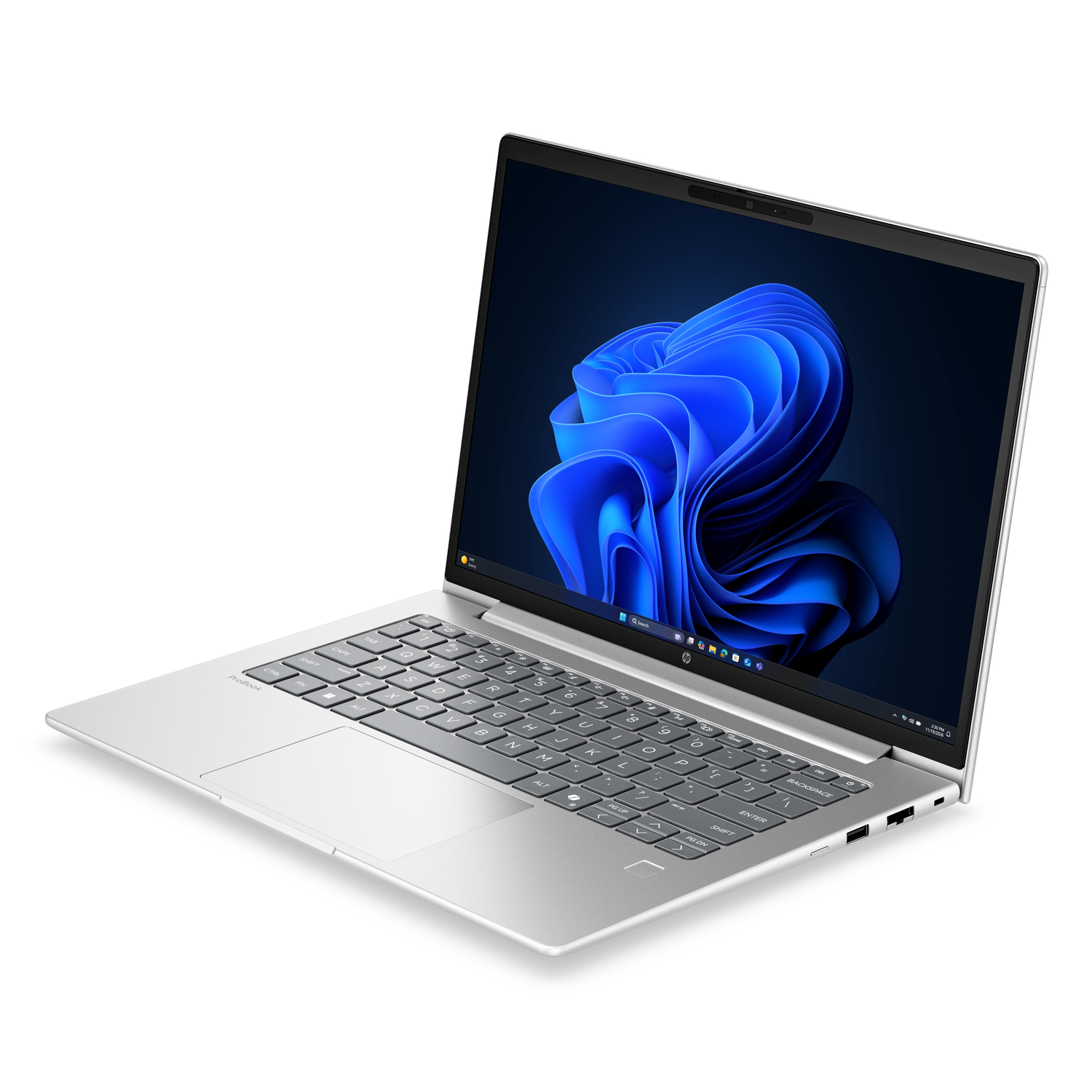 Een zilveren laptop met een blauw behang op het scherm.