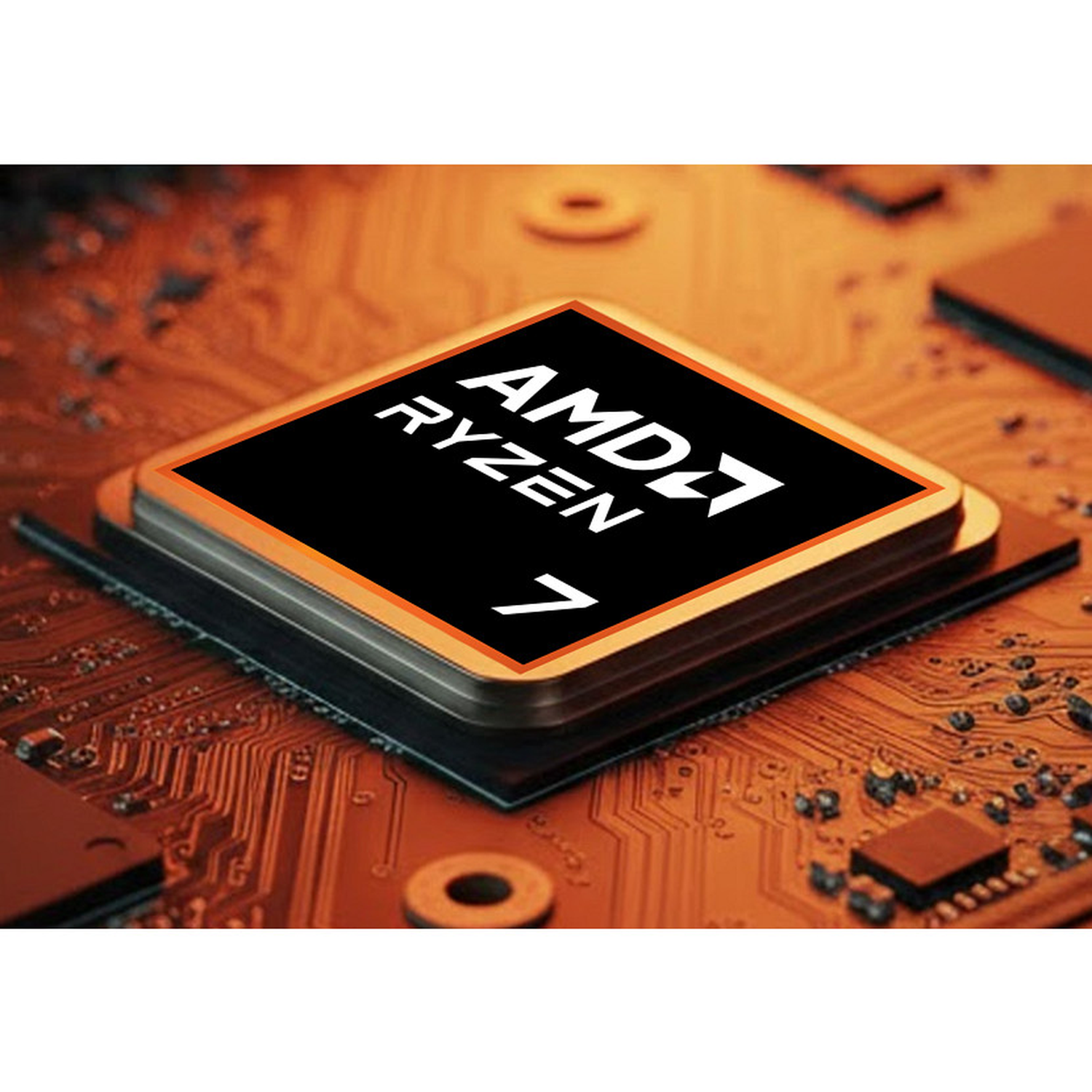 AMD Ryzen 7 processor op een printplaat met oranje sporen.