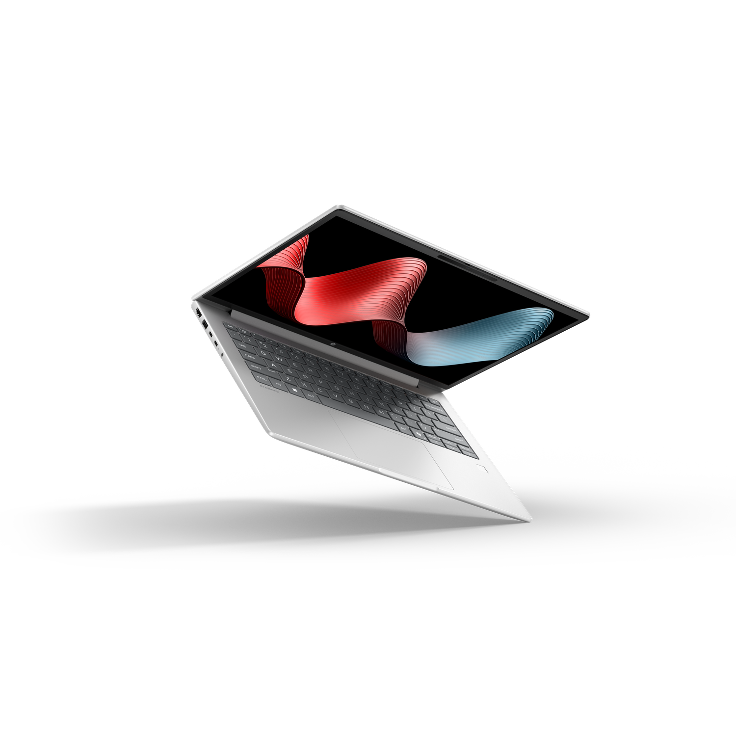 Een zilveren laptop met een open scherm dat een rode en blauwe golfvorm weergeeft.