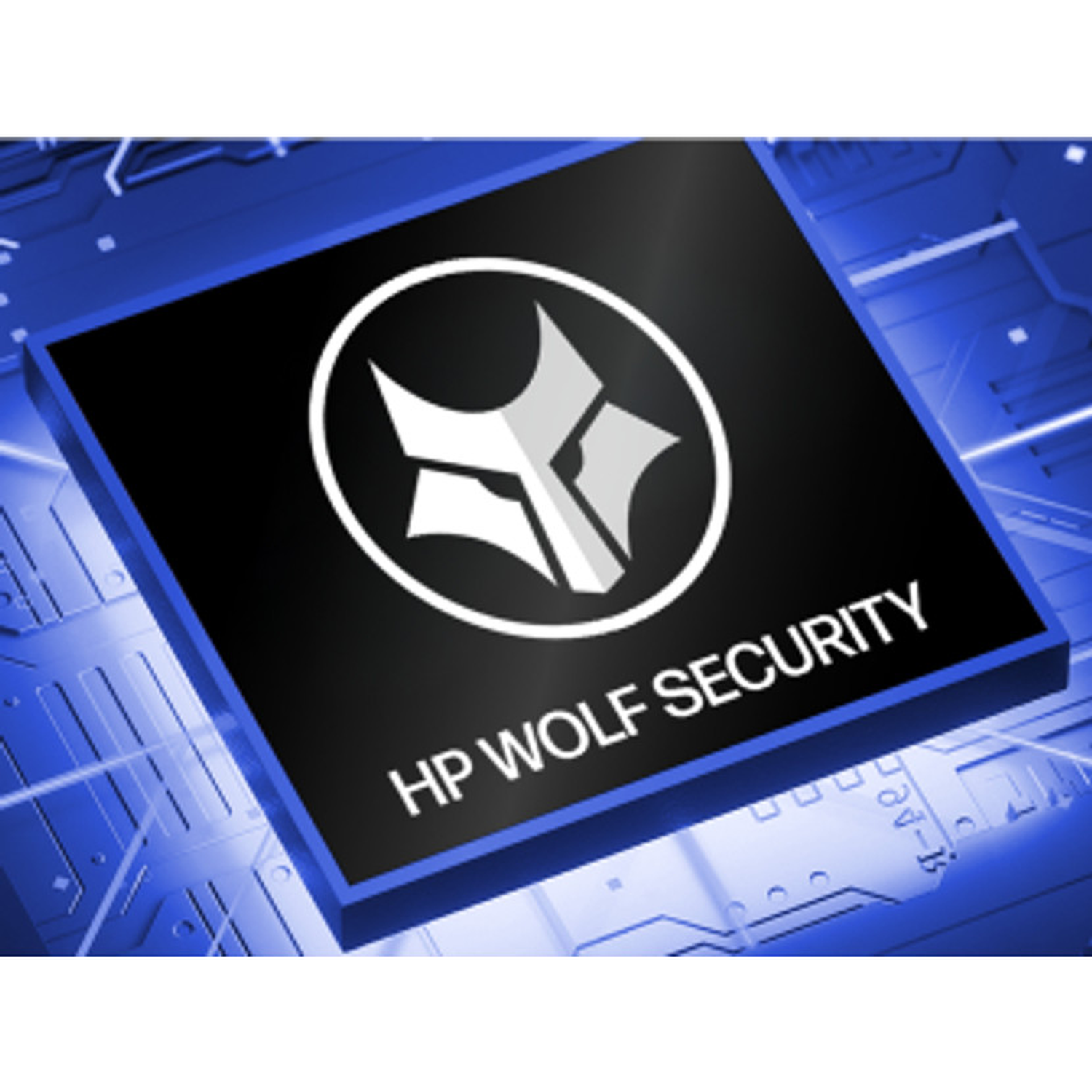 Close-up van een chip met het HP Wolf Security logo en tekst.