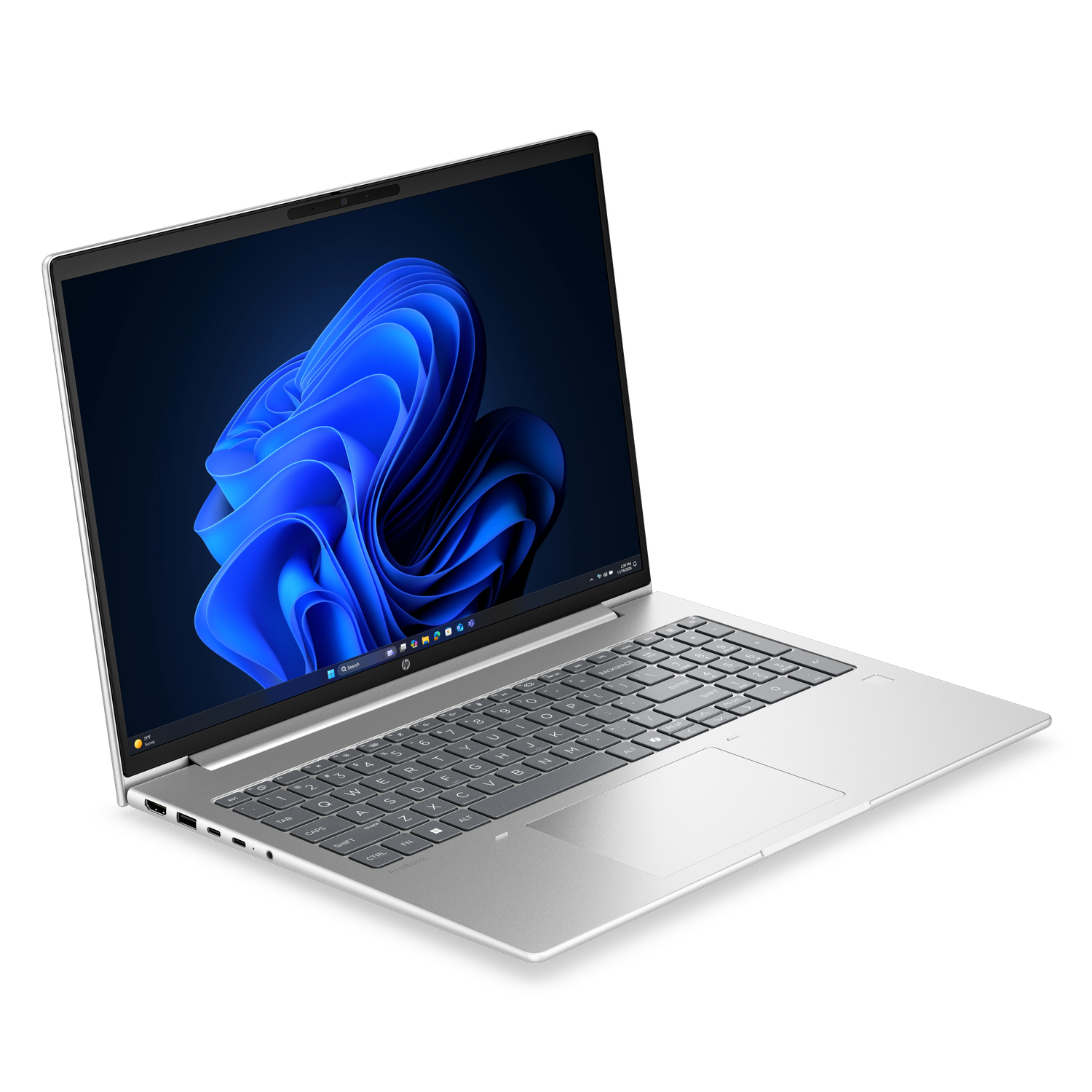 Een open zilveren laptop toont een blauw behang op het scherm.