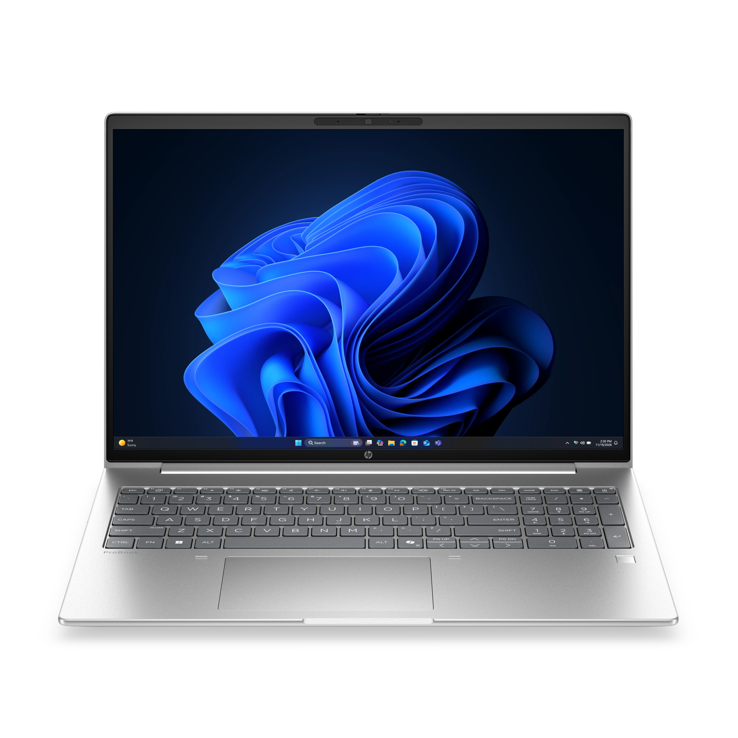 Een zilveren laptop met een blauw abstracte achtergrond op het scherm.