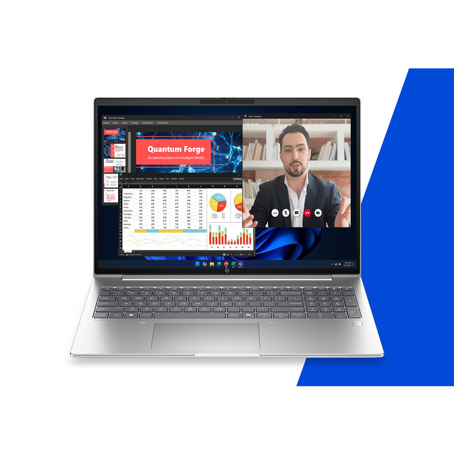 Laptopscherm toont videogesprek met man in pak, datacharts en presentatie dia's.