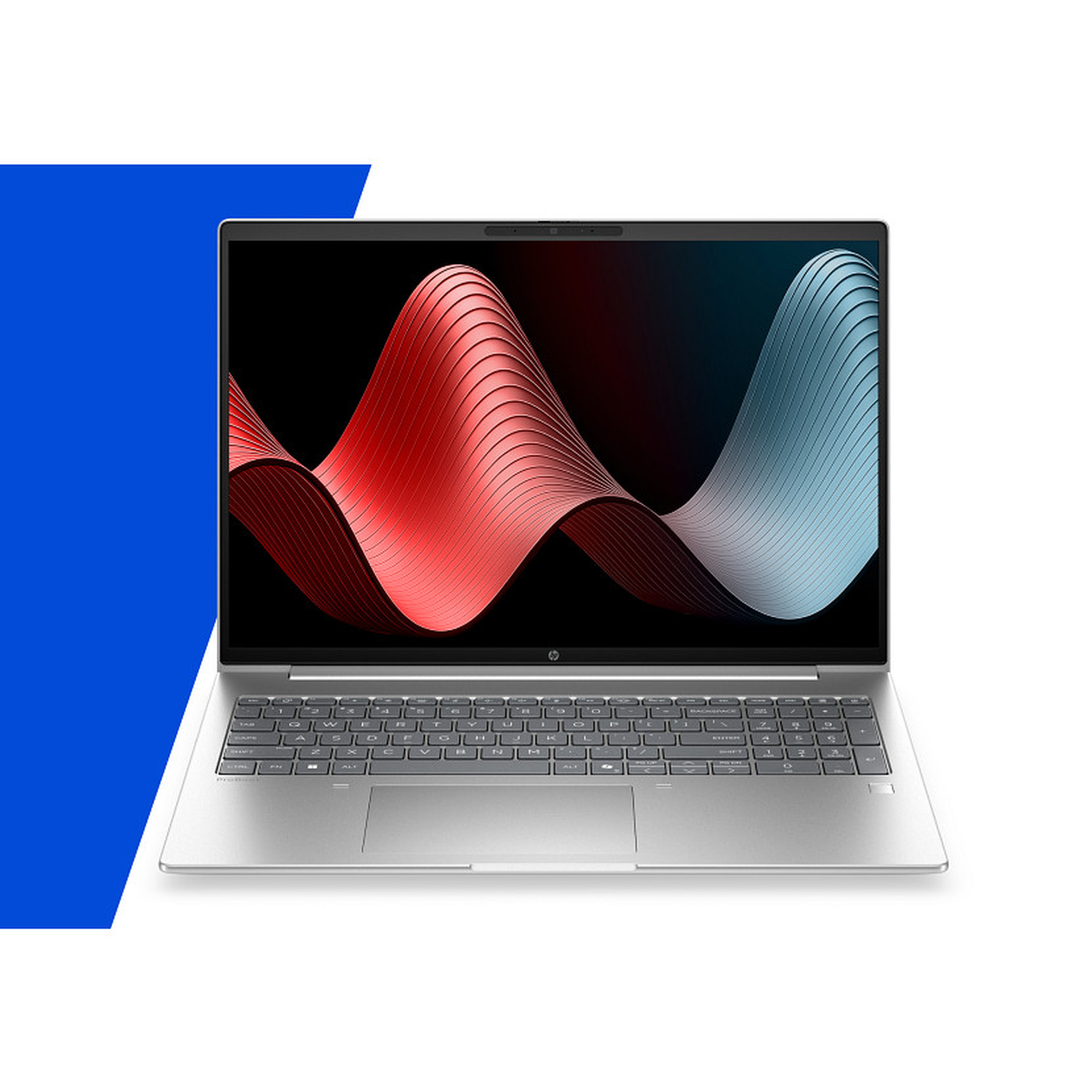 Een zilveren laptop met een dynamische achtergrond op het scherm.