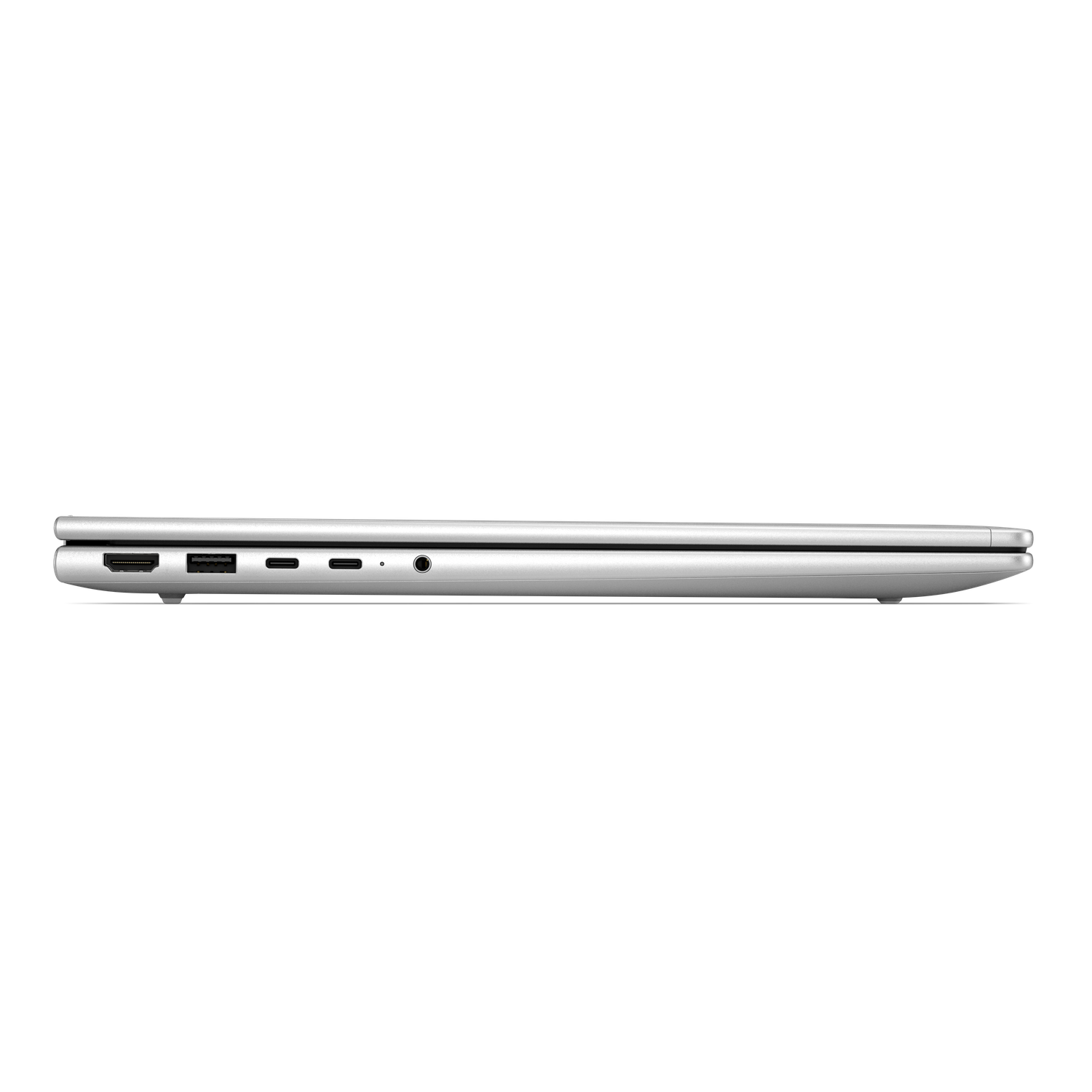 Zijaanzicht van een gesloten zilveren laptop met poorten: HDMI, USB, 2x USB-C, audio.