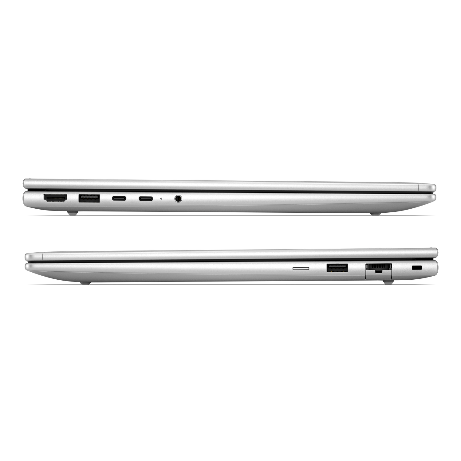 Zilveren laptop met poorten: HDMI, USB-C, audiojack en USB-A.