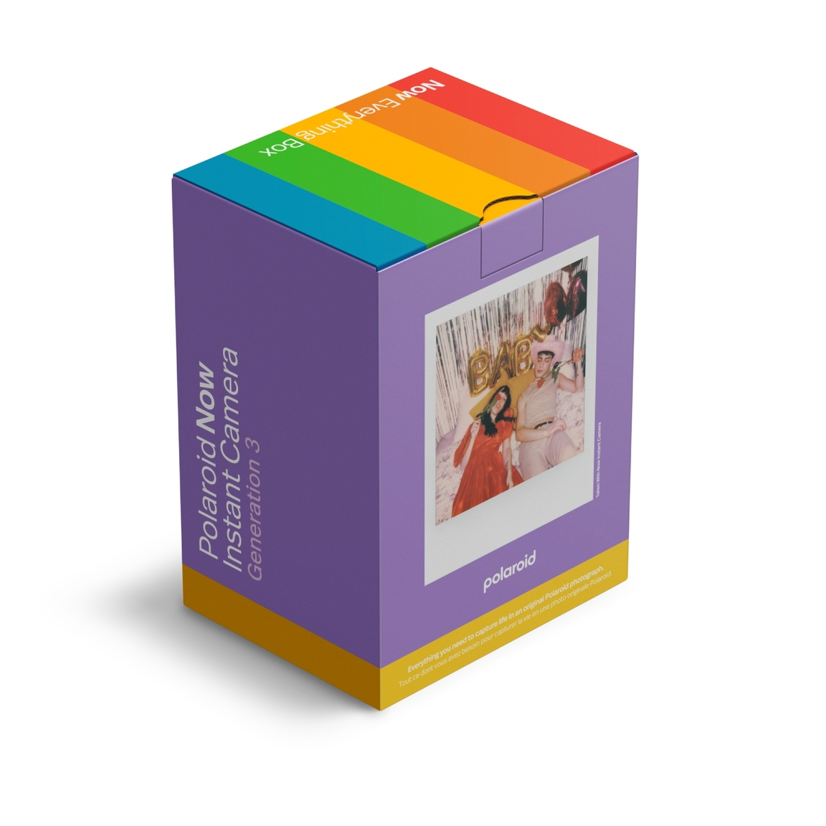 Lila Box mit Regenbogen-Deckel, zeigt Polaroid-Kamera-Details und ein Foto.