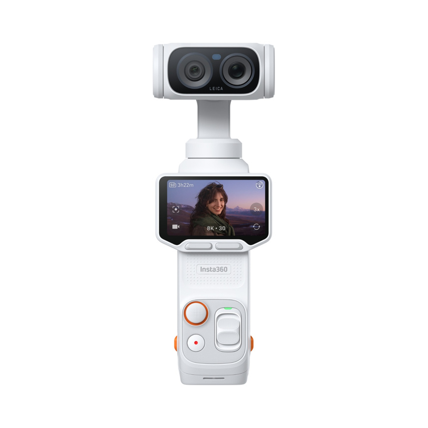 Un gimbal per fotocamera 360 bianco con obiettivi Leica e display touchscreen.