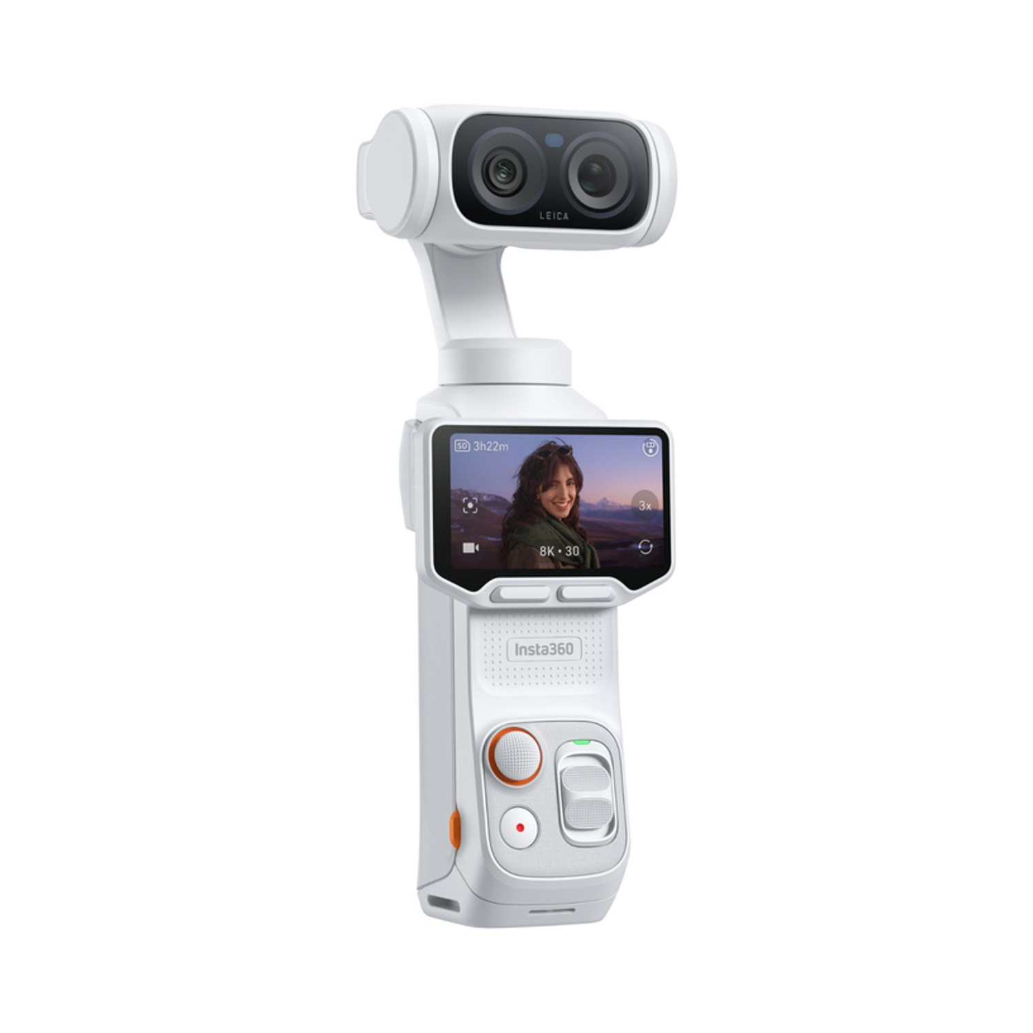 Un gimbal bianco con fotocamera Leica e schermo che mostra una donna.