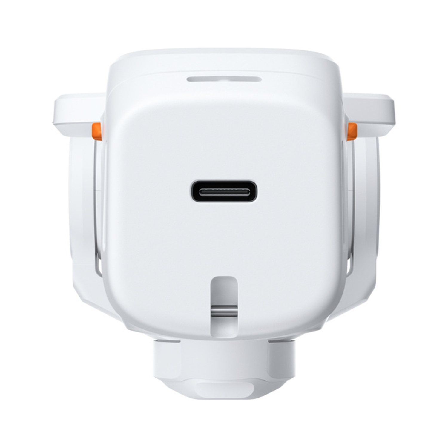 Un gimbal bianco con porta USB-C e accenti arancioni su sfondo bianco.