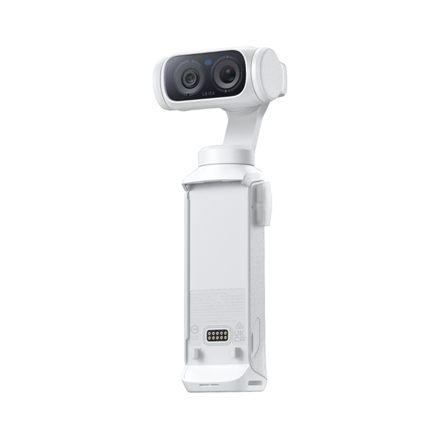 Un gimbal bianco con doppie lenti e marchio Leica.