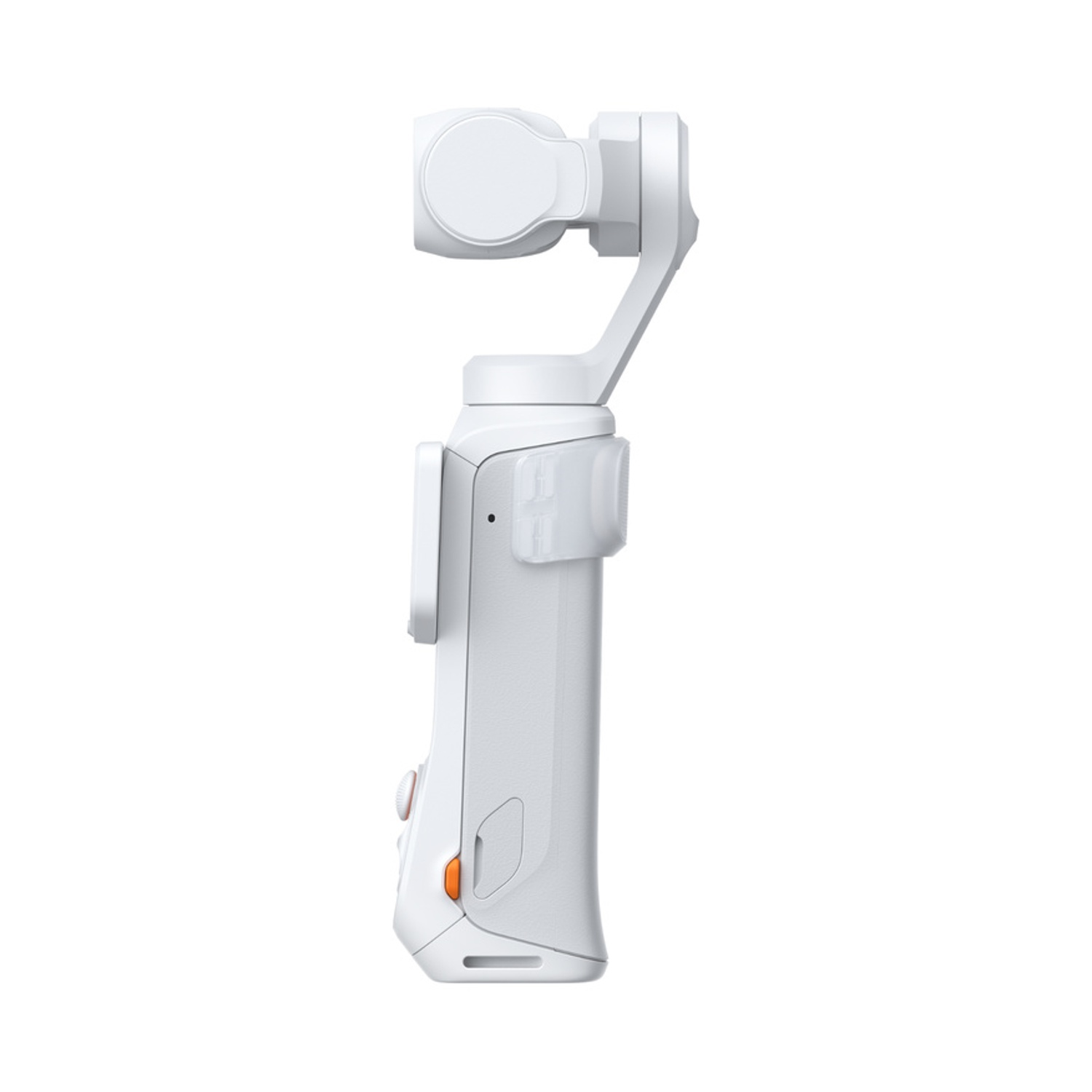 Un gimbal bianco con manico e giunto su sfondo bianco.