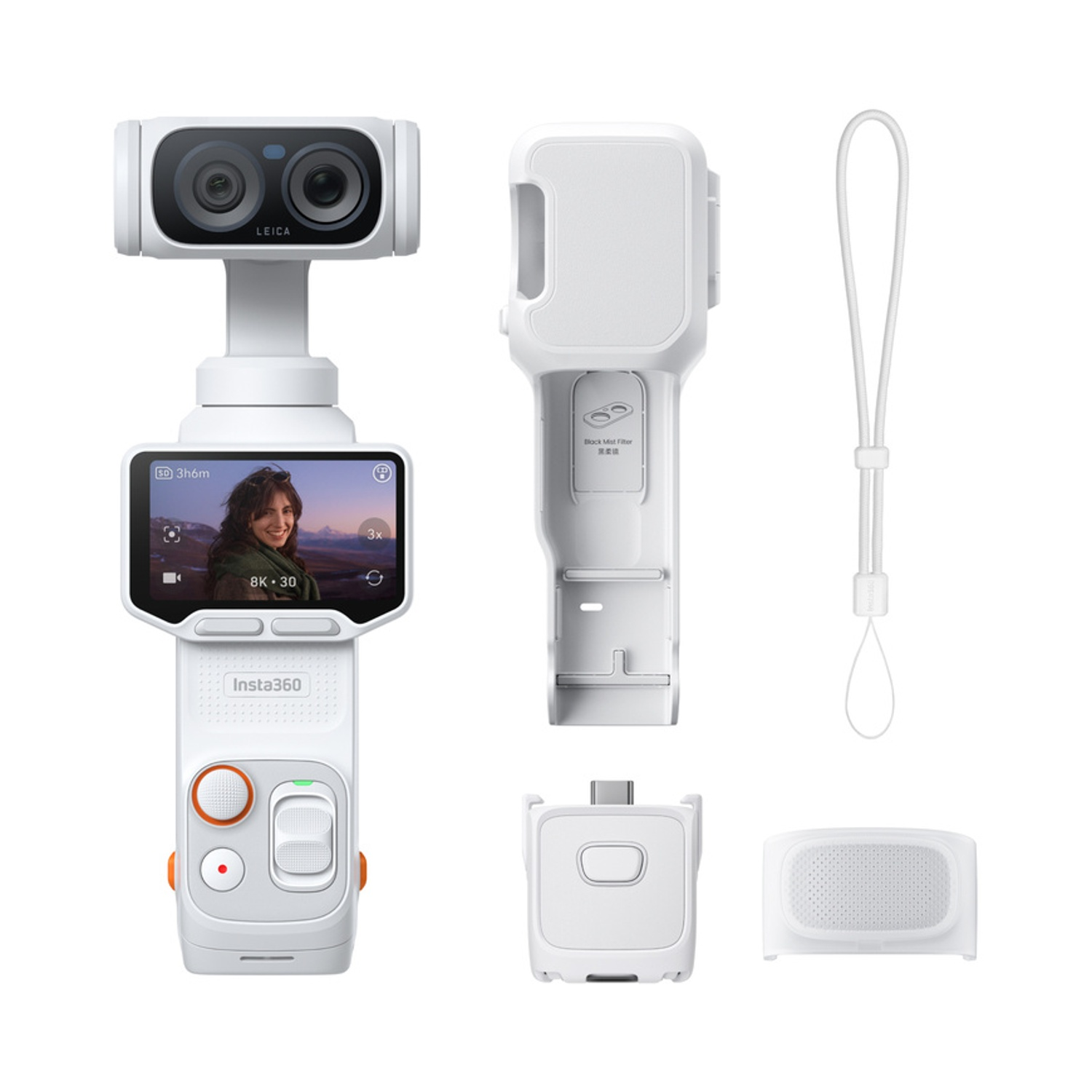 Un gimbal Insta360 bianco con fotocamera Leica, schermo, controlli e accessori.