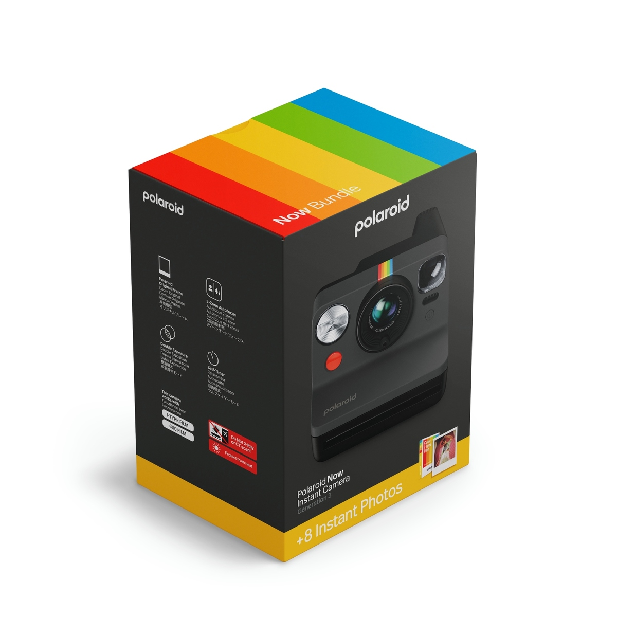 Polaroid Now Bundle Box mit Sofortbildkamera und Regenbogenmotiv.