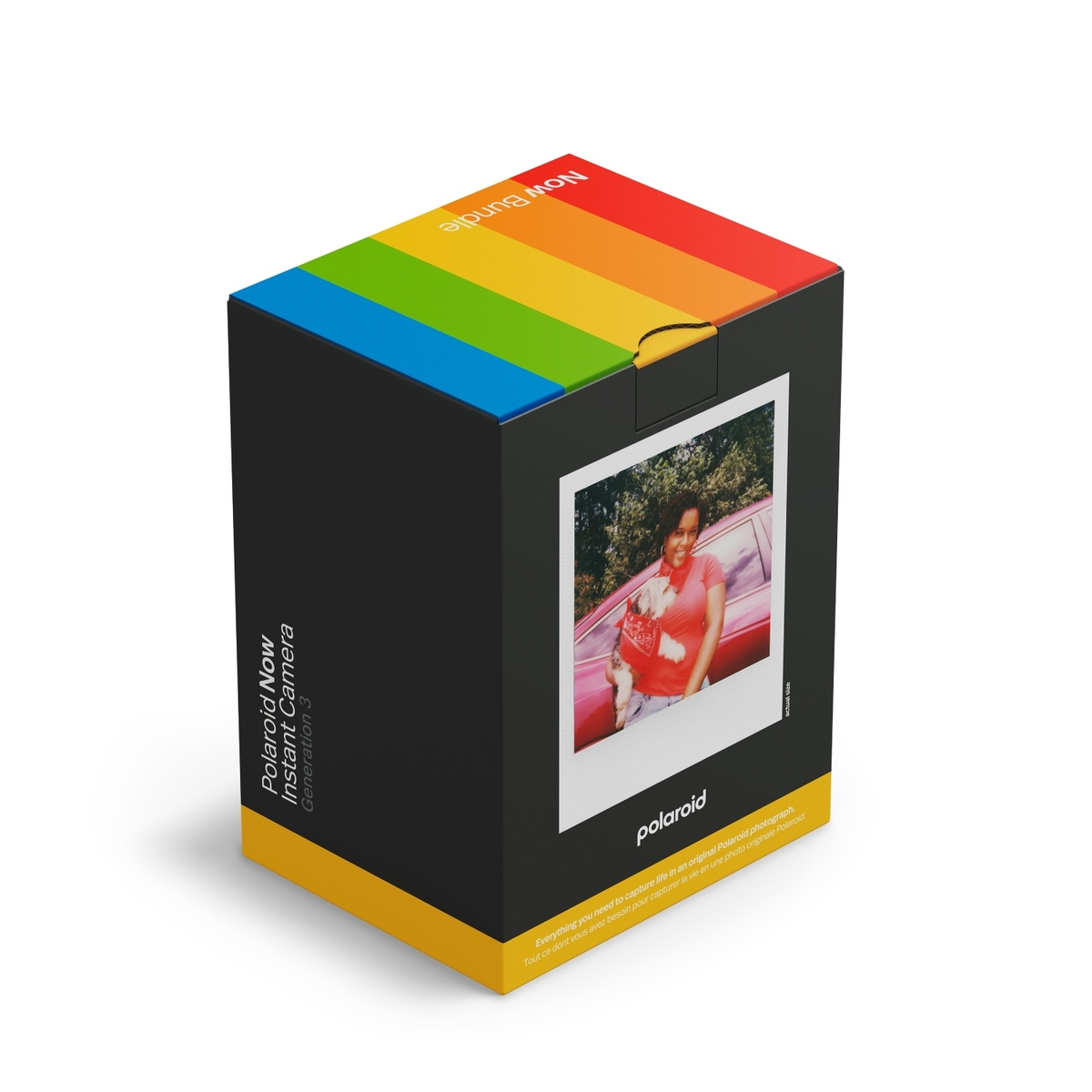 Schwarze Box mit Polaroid-Foto, Frau mit Hund, Regenbogen-Design.