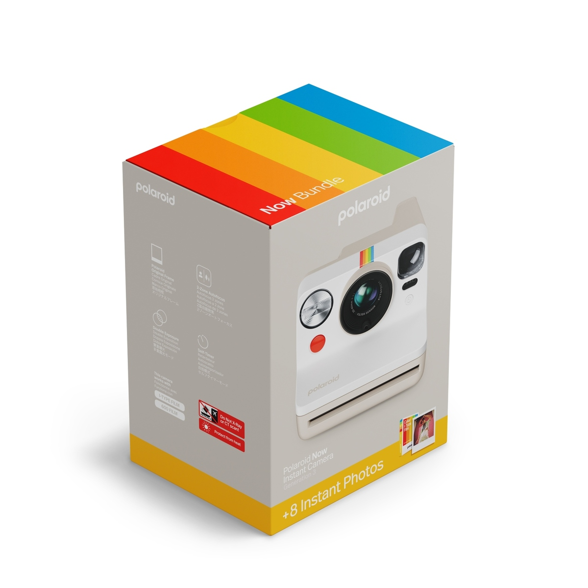 Polaroid Now Sofortbildkamera-Bundle-Verpackung mit Regenbogenstreifen oben.