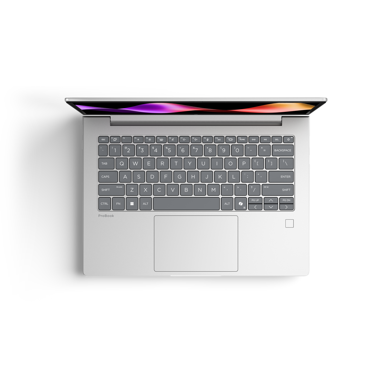 Open zilveren laptop met toetsenbord en scherm, van bovenaf gezien.