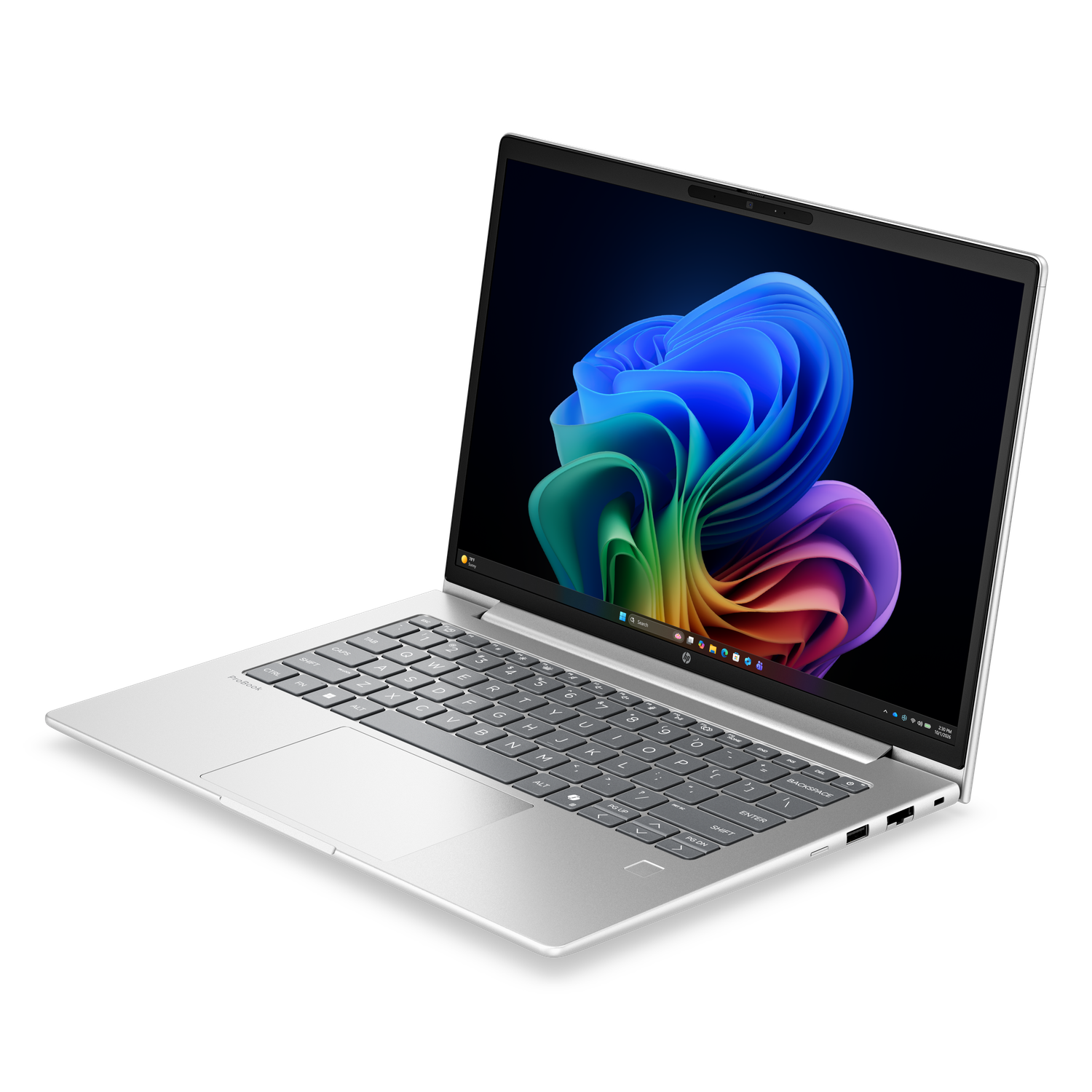 Een zilveren laptop met een kleurrijke achtergrondafbeelding op het scherm.