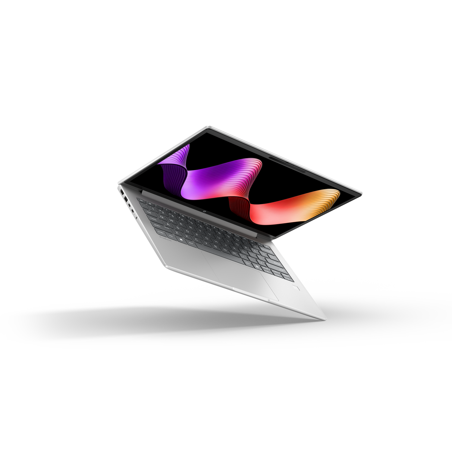 Een open zilveren laptop met een kleurrijke abstracte achtergrond op het scherm.