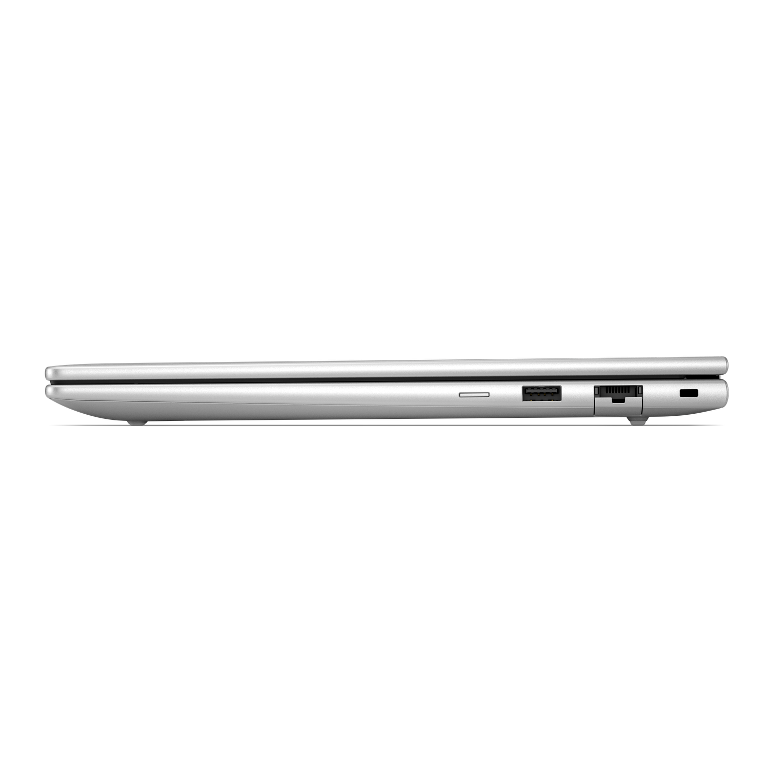Zilveren laptop van de zijkant met poorten: USB, SD-kaartlezer, oplaadpoort.