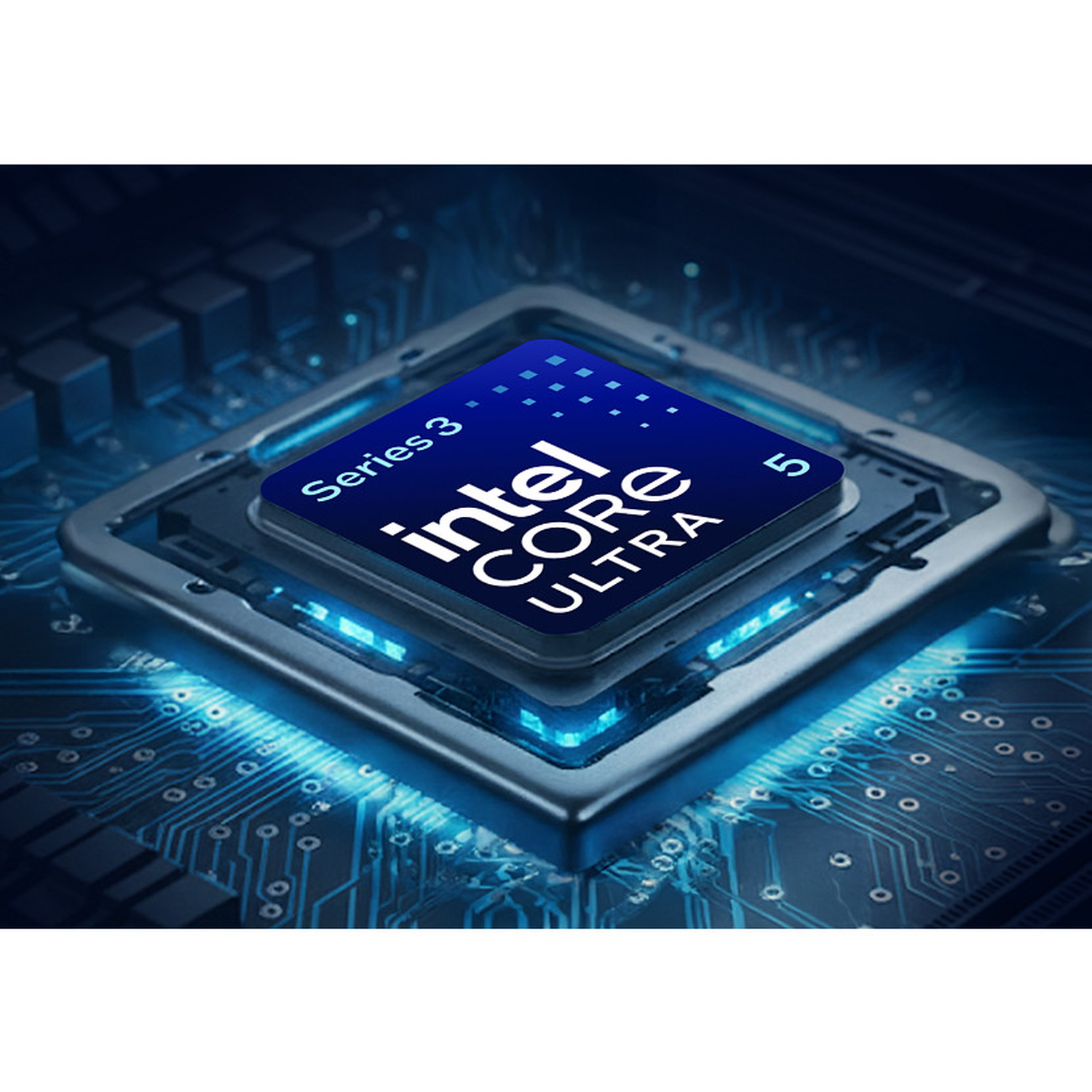 Intel Core Ultra processor op een printplaat met blauwe lichten.