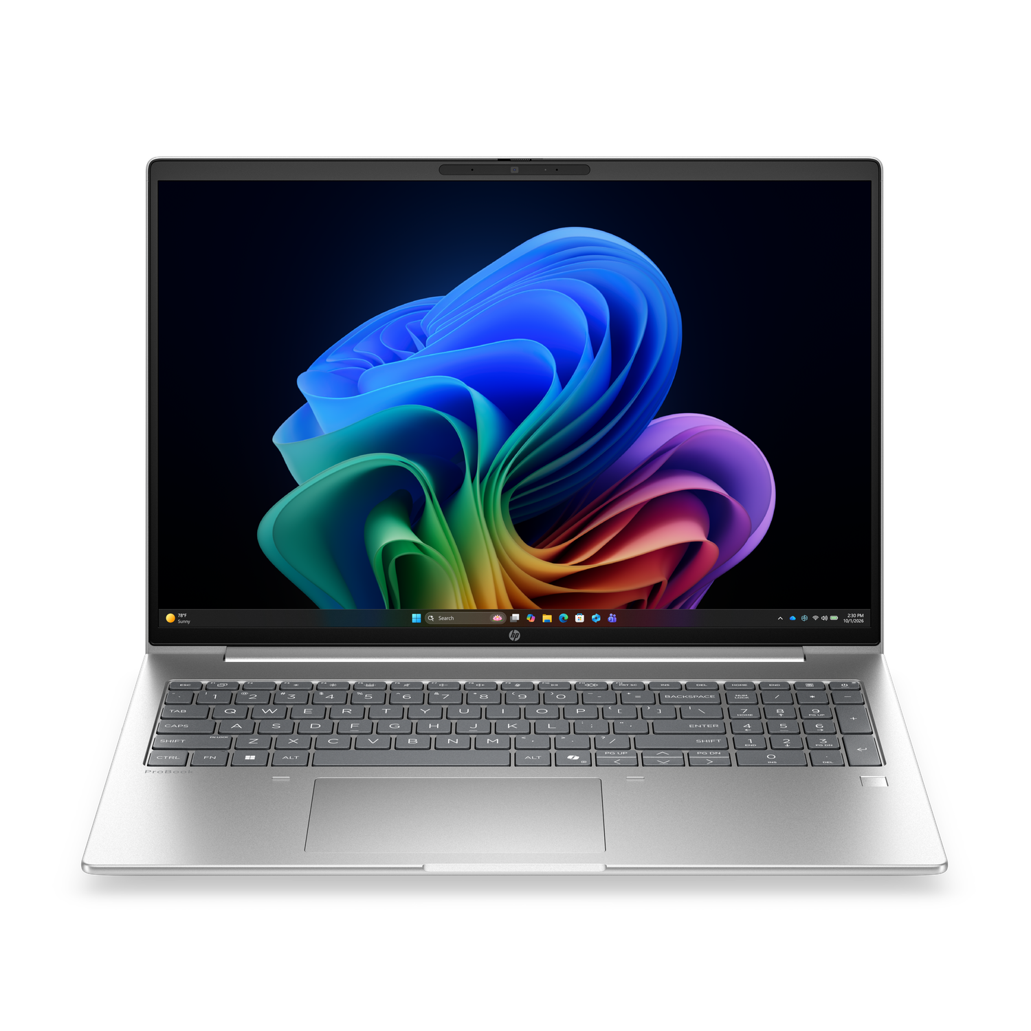 Een zilveren laptop met een kleurrijke abstracte achtergrond op het scherm.