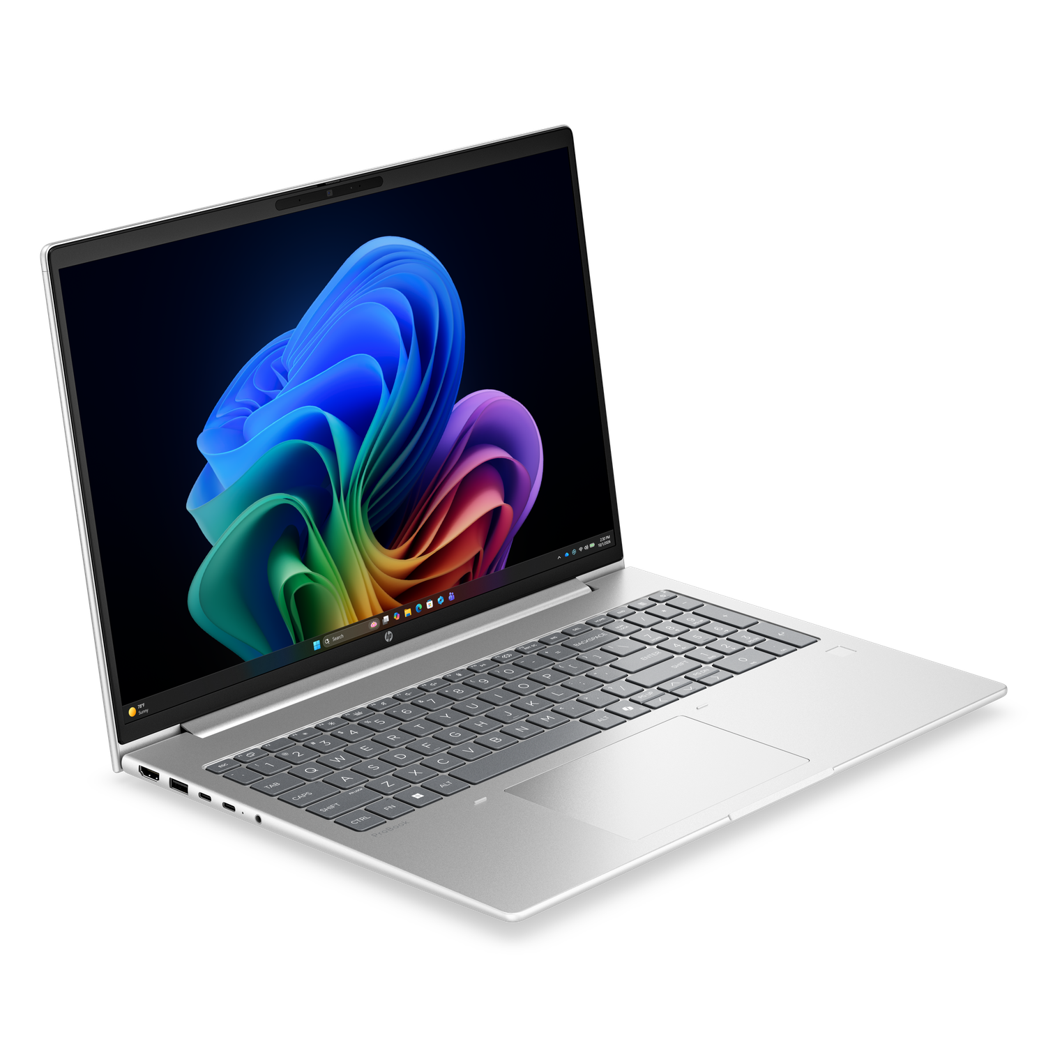Een zilveren HP ProBook laptop is open, met een kleurrijke abstracte achtergrond op het scherm.