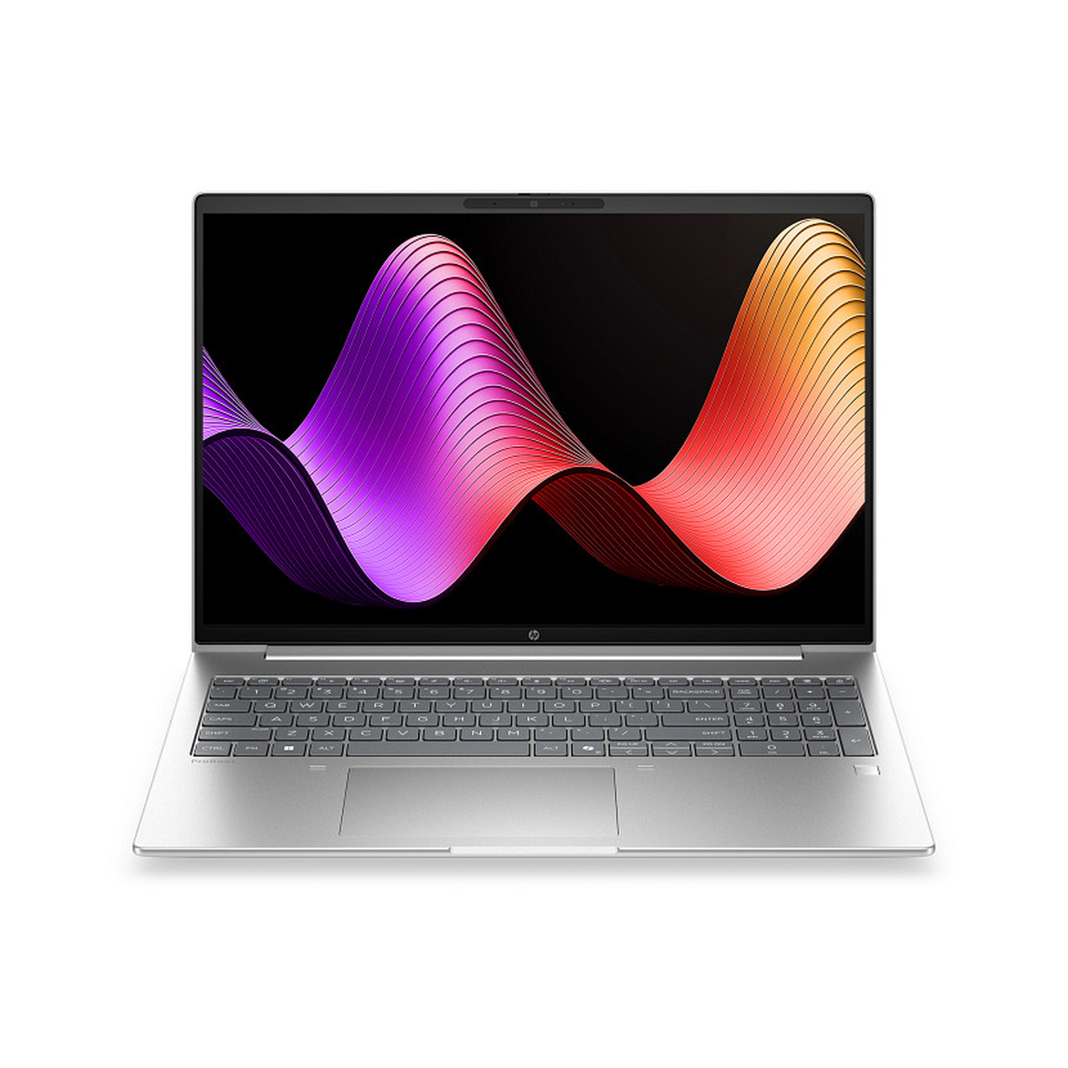 Een zilveren laptop met een kleurrijk golvend patroon op het scherm.