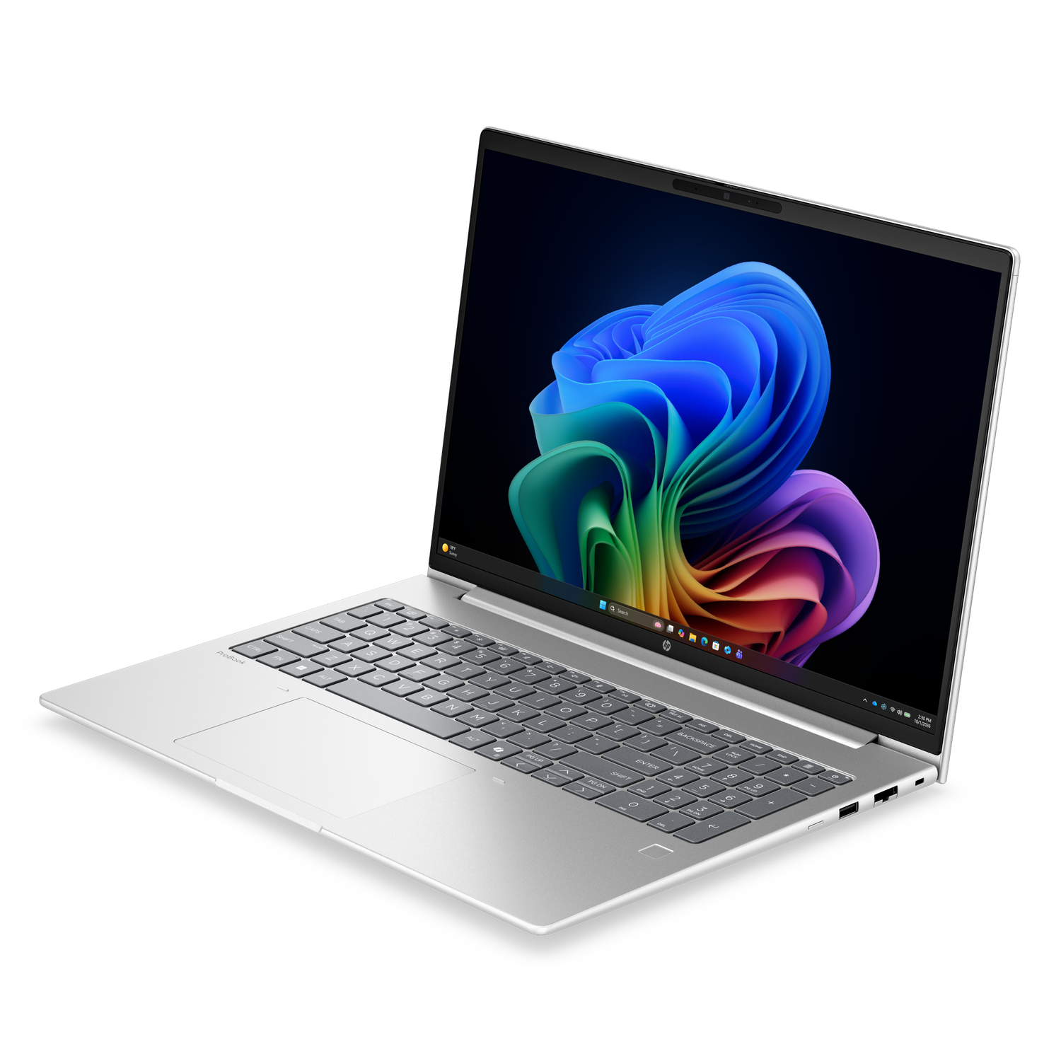 Zilveren HP ProBook laptop met kleurrijke abstracte achtergrond.