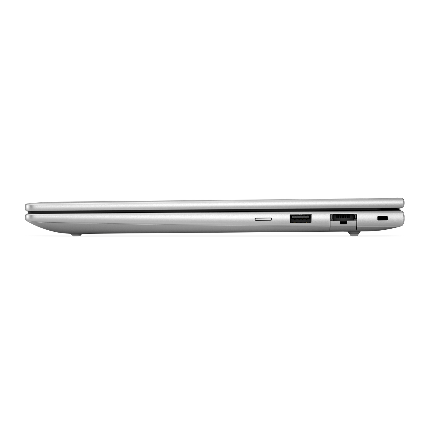Zijzicht van zilveren laptop met poorten: SD-kaartlezer, USB-A, Ethernet, USB-C.