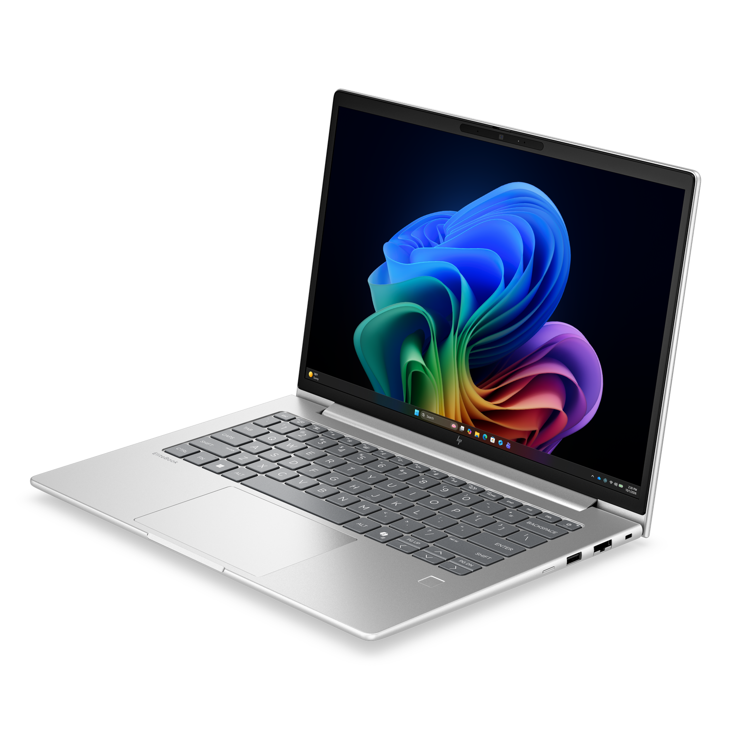 Een open zilveren laptop op een zwarte achtergrond toont een kleurrijk behang.