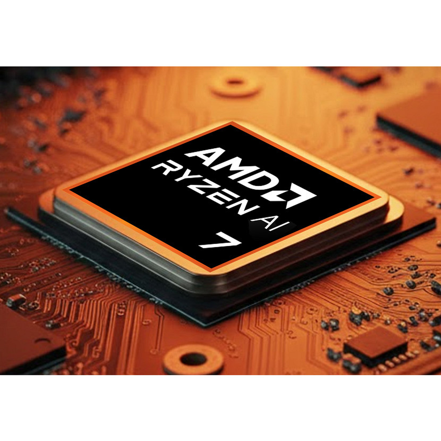AMD Ryzen AI 7 processor op een printplaat met oranje sporen.