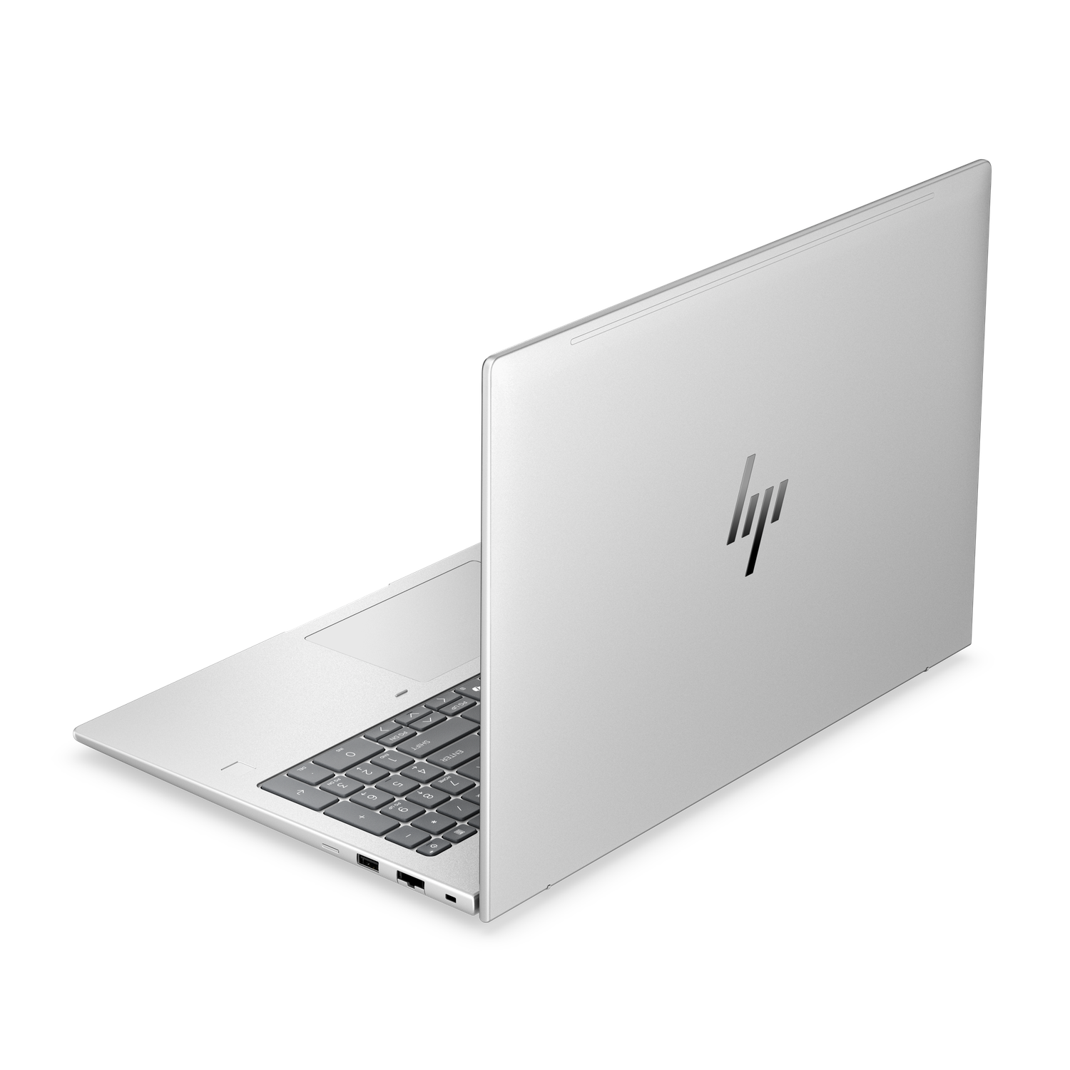 Een zilveren HP laptop, van de zijkant gezien, met toetsenbord en logo.