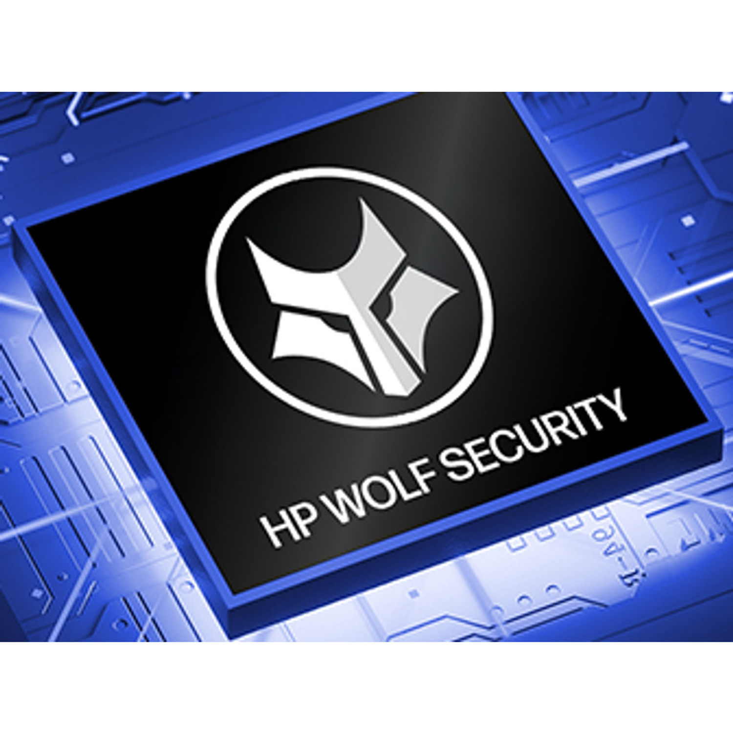 HP Wolf Security logo op een blauwe printplaat achtergrond.