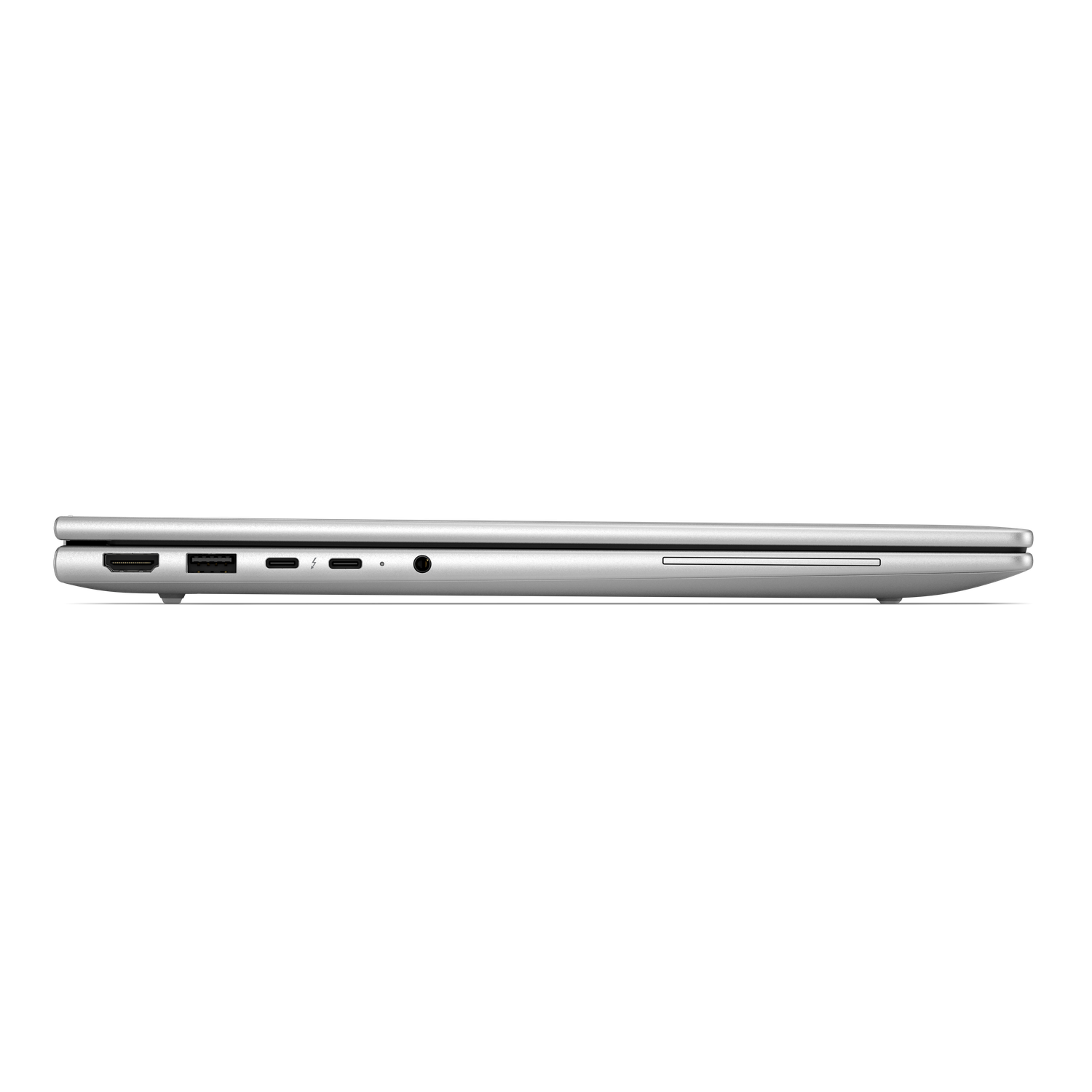Gesloten zilveren laptop met HDMI-, USB-A-, Thunderbolt- en audioconnectoren aan de zijkant.