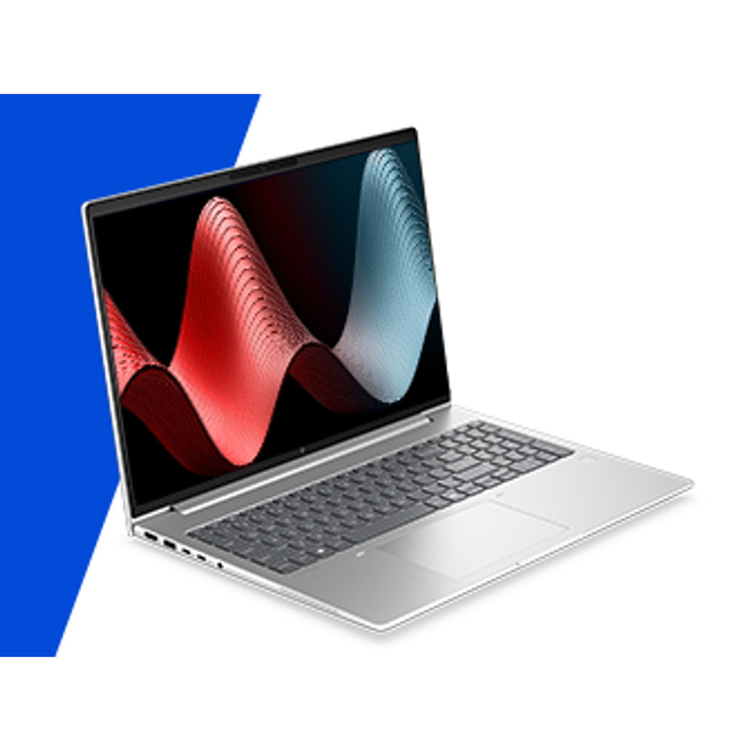 Een zilveren laptop toont een abstract rood en blauw golvend patroon op het scherm.