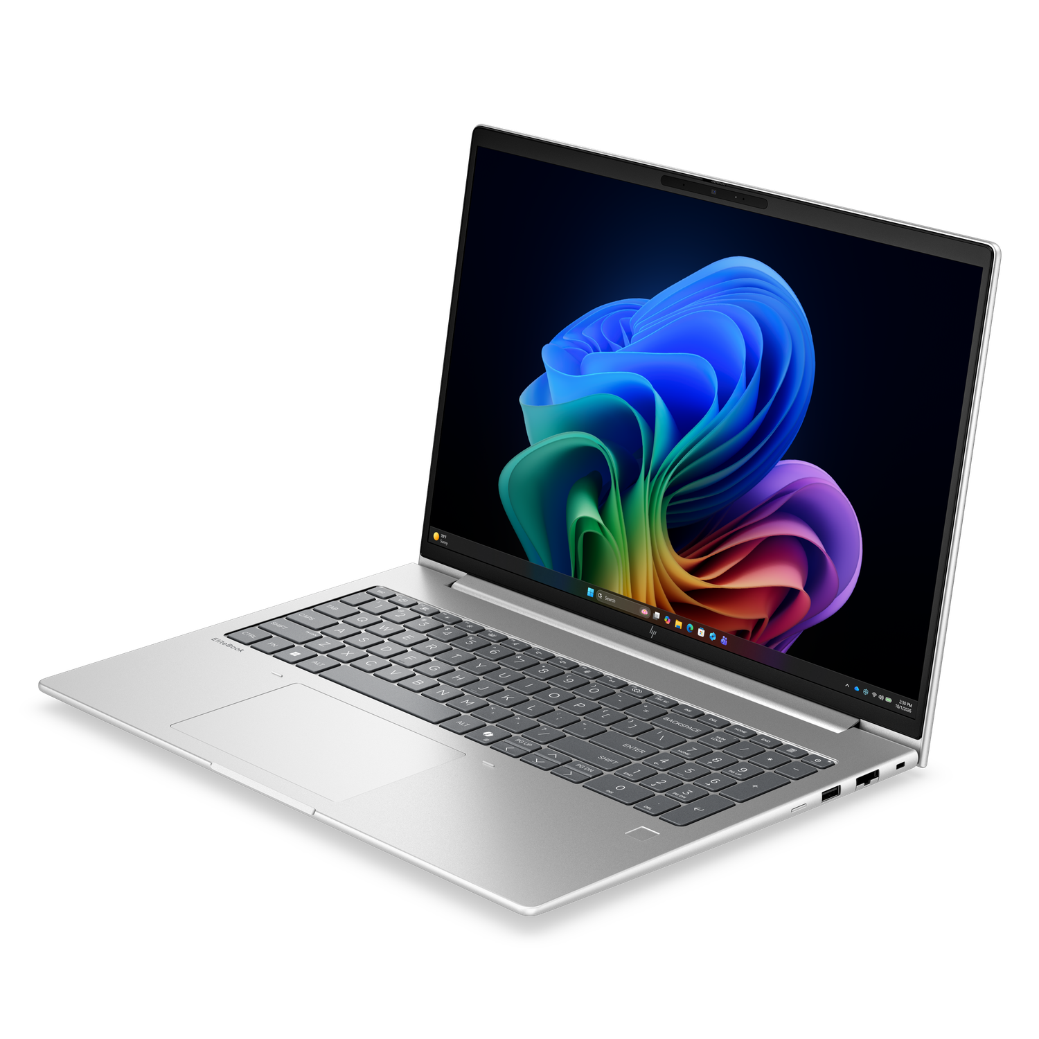 Een zilveren laptop met een kleurrijke abstracte achtergrondafbeelding.