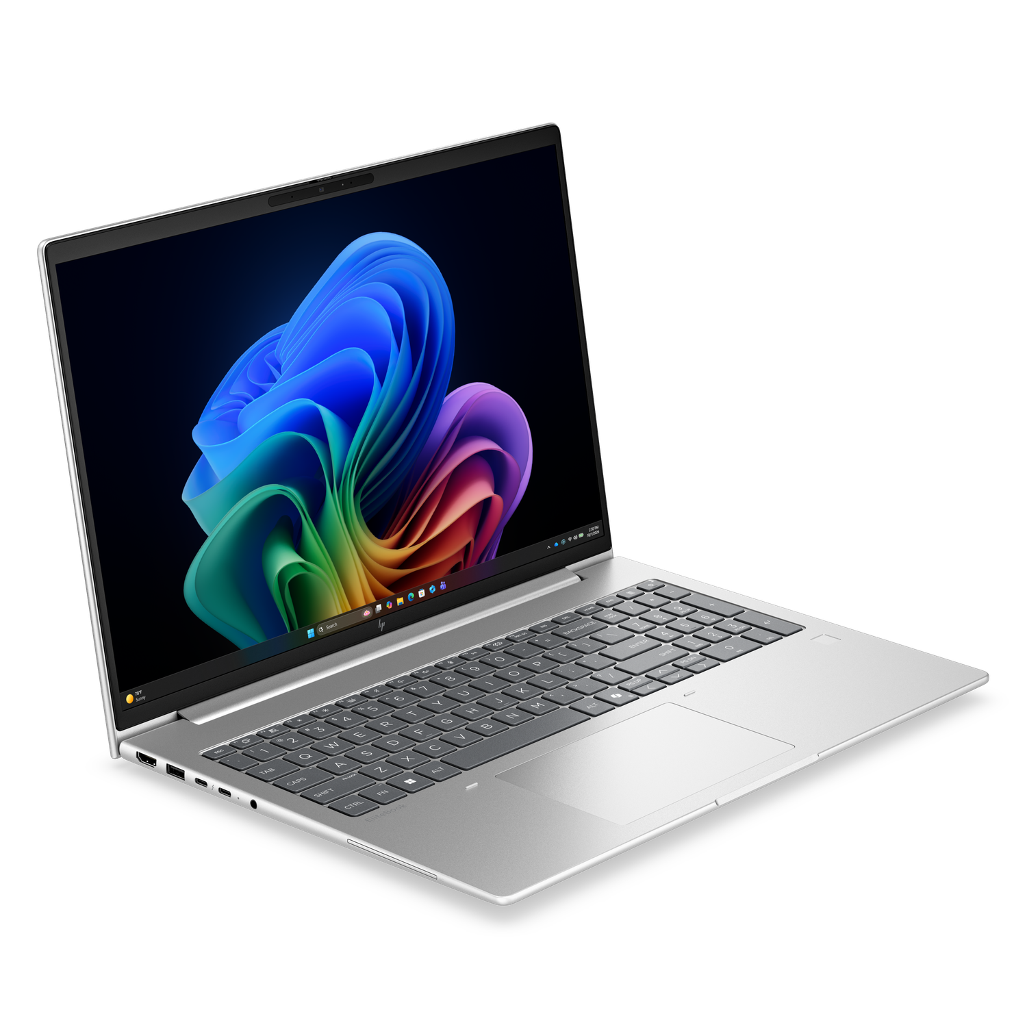 Een zilveren laptop met een kleurrijke achtergrond op het scherm.