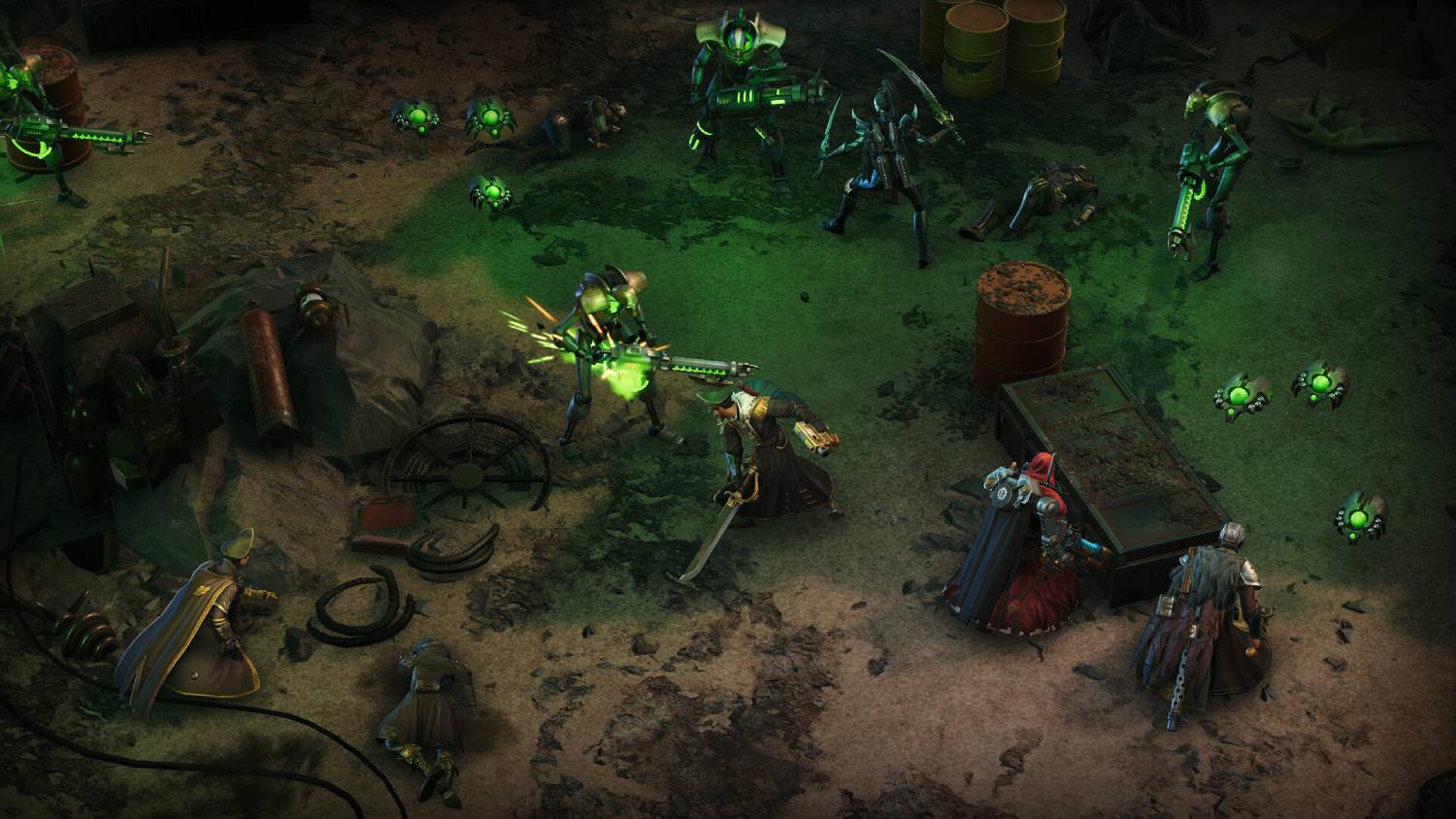 Escena de batalla de ciencia ficción con robots y soldados en un entorno desolado y con luz verde.